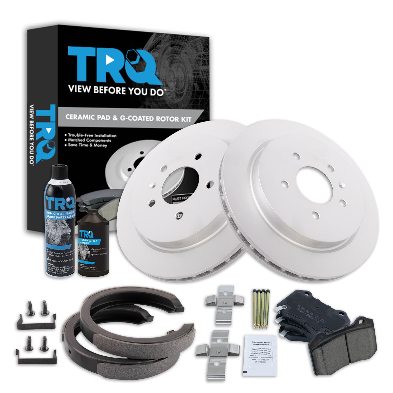 TRQ Rear Brake Pad &amp; Rotor Kit, with Chemical Kit Parking Brake Shoe Set Ceramic Premium G-Coated Compatible with 2006-2008 Cadillac STS