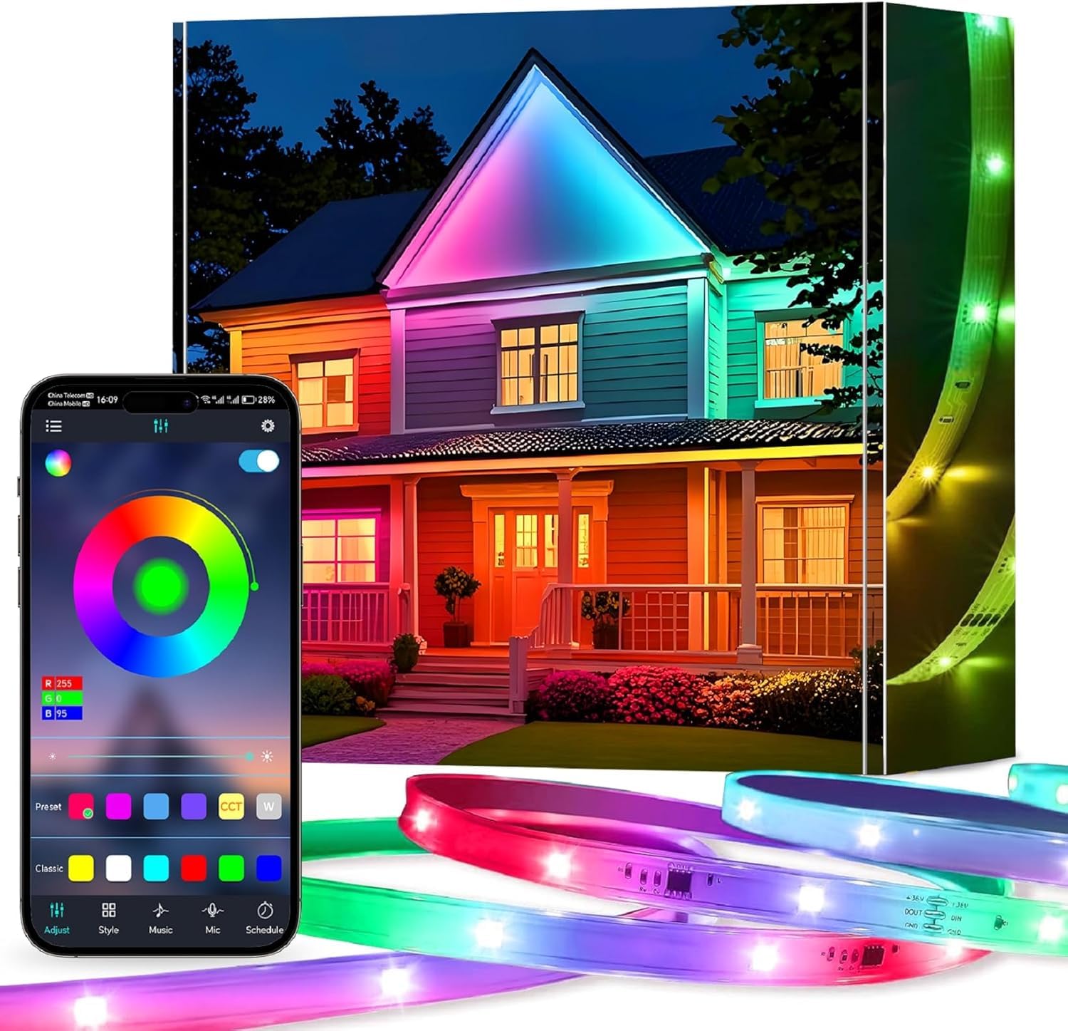 GLPE LED Lights for Bedroom with USB Powered, 32.8ft Bluetooth LED Light Strips,Smart App and Remote Control, IP65 Waterproof,RGBW Music Sync Rope Lights for Living Room, Bedroom, Party, Kitchen,TV