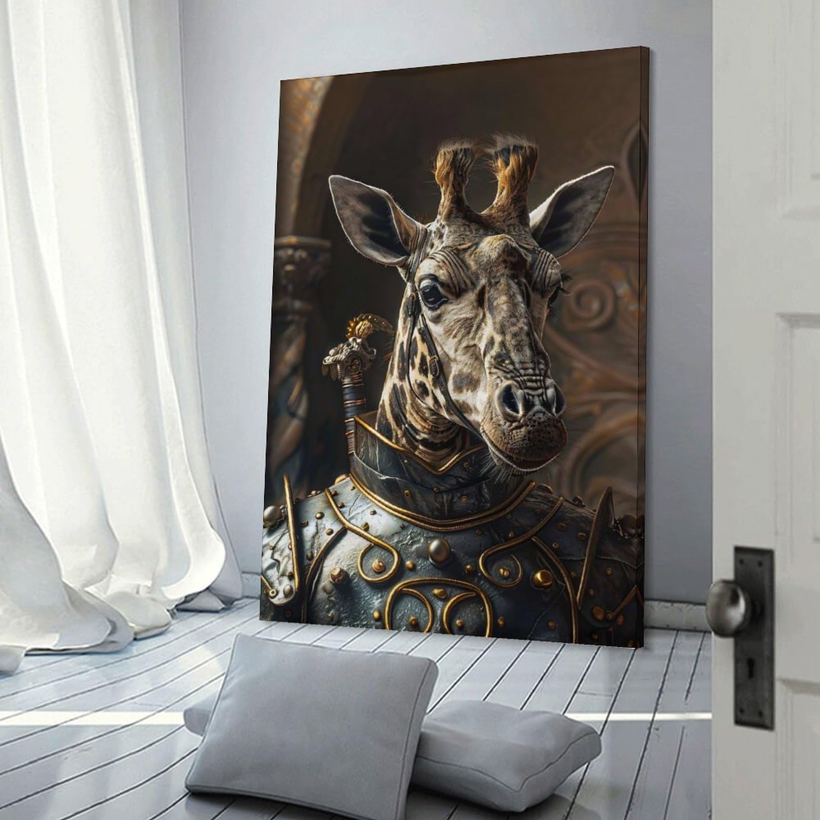 Junmoney Wall Art Print Giraffe Knight in Shining Armor, 20x30inch(50x75cm), for Bedrooms, Workspaces And Everyday Interiors, Stylish Home Artwork for Focal Walls