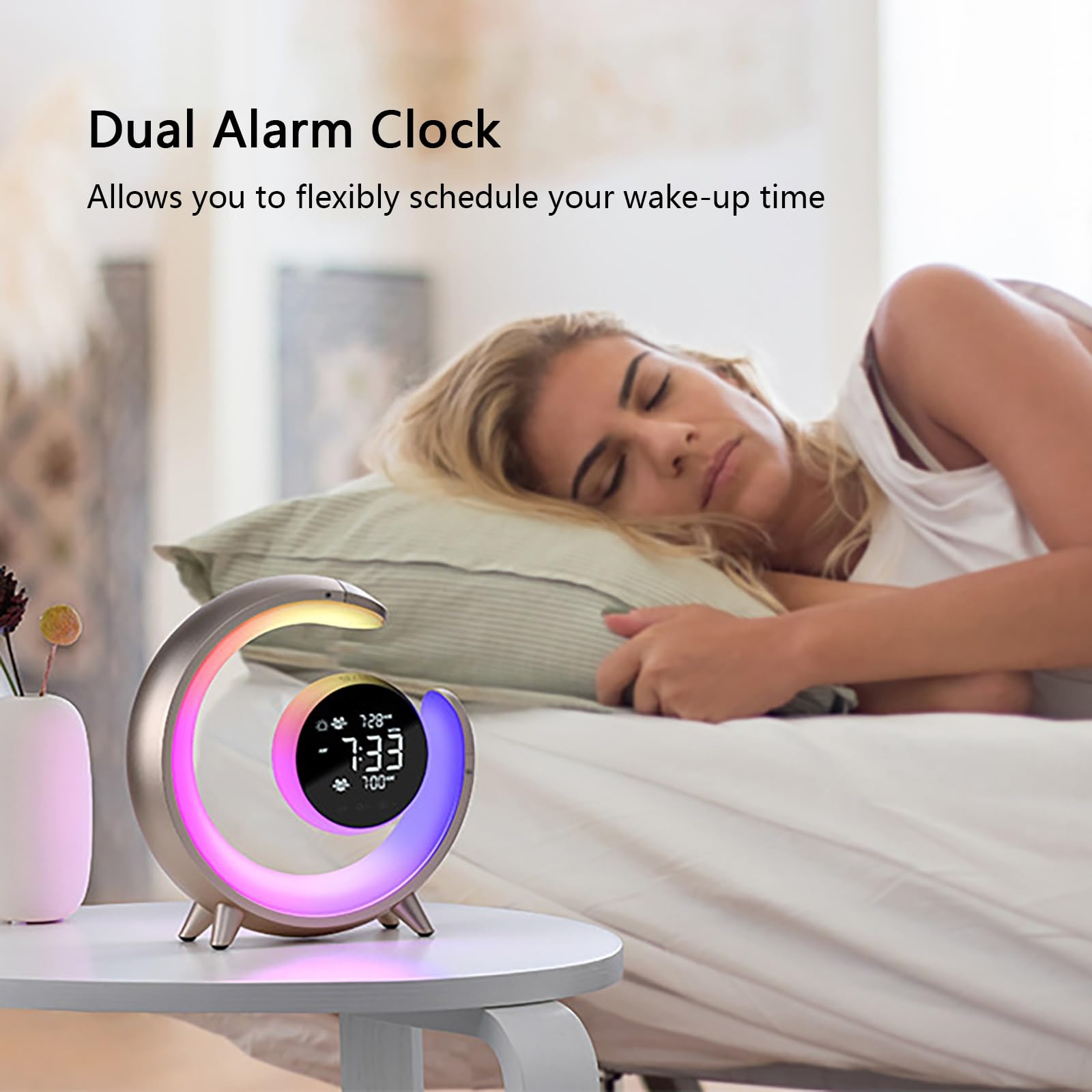 Sunrise Alarm Clock Wake Up Light, Zwei Weckfunktionen mit Sonnenaufgangssimulation, Naturgeräuschen, Farbwechselndem Nachtlicht und Display für Sanftes Aufwachen