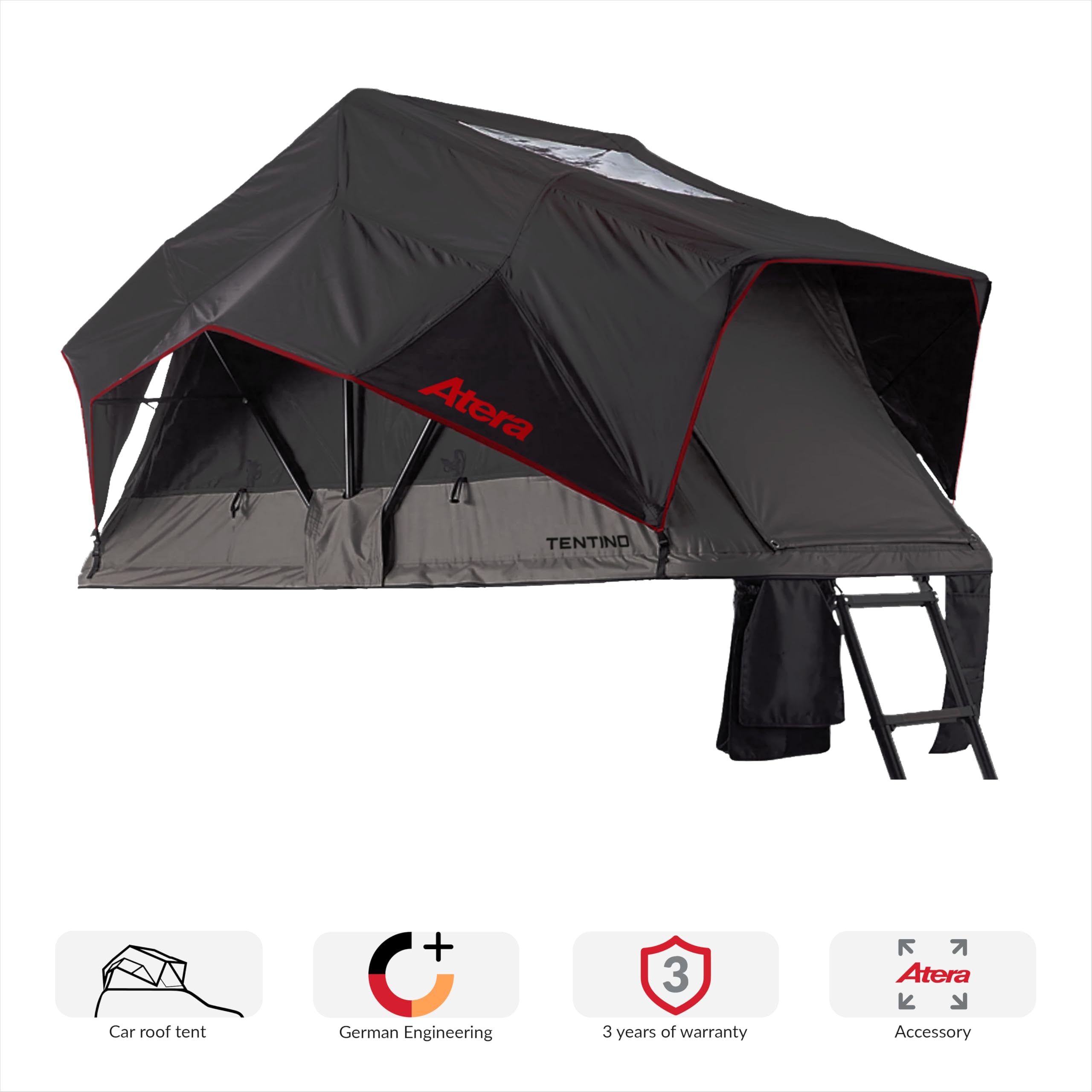 Atera 082299 Tentino Leichtbau Autodachzelt mit 360° Panorama-Aussicht, Matratze - 225 x 122 cm Liegefläche, LED-Beleuchtung - Skyline-Fenster, Schwarz | mit 360° Panorama-Aussicht, Matratze & LED-Beleuchtung, Skyline-Fenster, Art. Nr. 082299