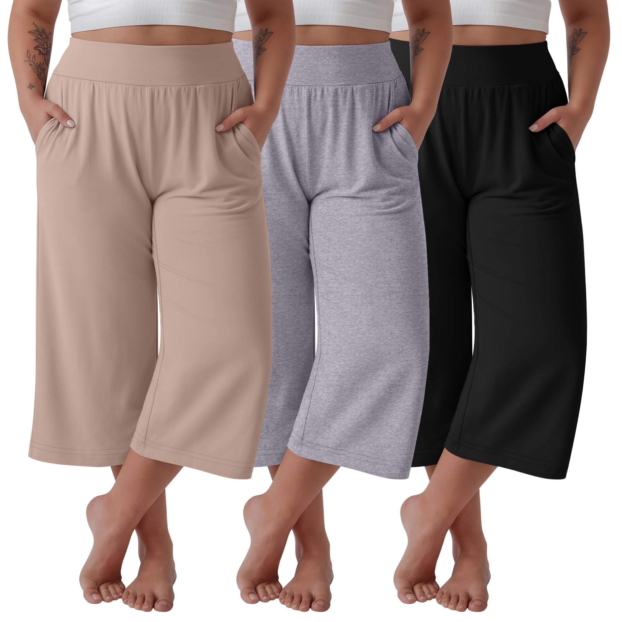 Photo 1 of Neer 3 Pack Women's Plus Size Capri Pants, Wide Legs Elastic Waist Capris with Pockets Lounge Loose Sweatpants(Black, Light Heather Gray, Khaki,XX-Large)