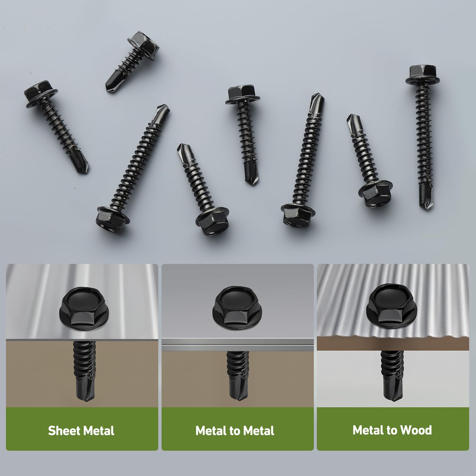 Kit di 121 viti autofilettanti nere in acciaio inox 410, viti autoperforanti per metallo, 5/8" 3/4" 1" 1-1/2", vite esagonale per lamiera