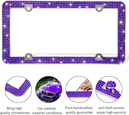 Miniatura 4 de Marco de matrícula Bling de Otostar, hecho a mano con 4 filas de diamantes de imitación brillantes, marco de matrícula de acero inoxidable con 4