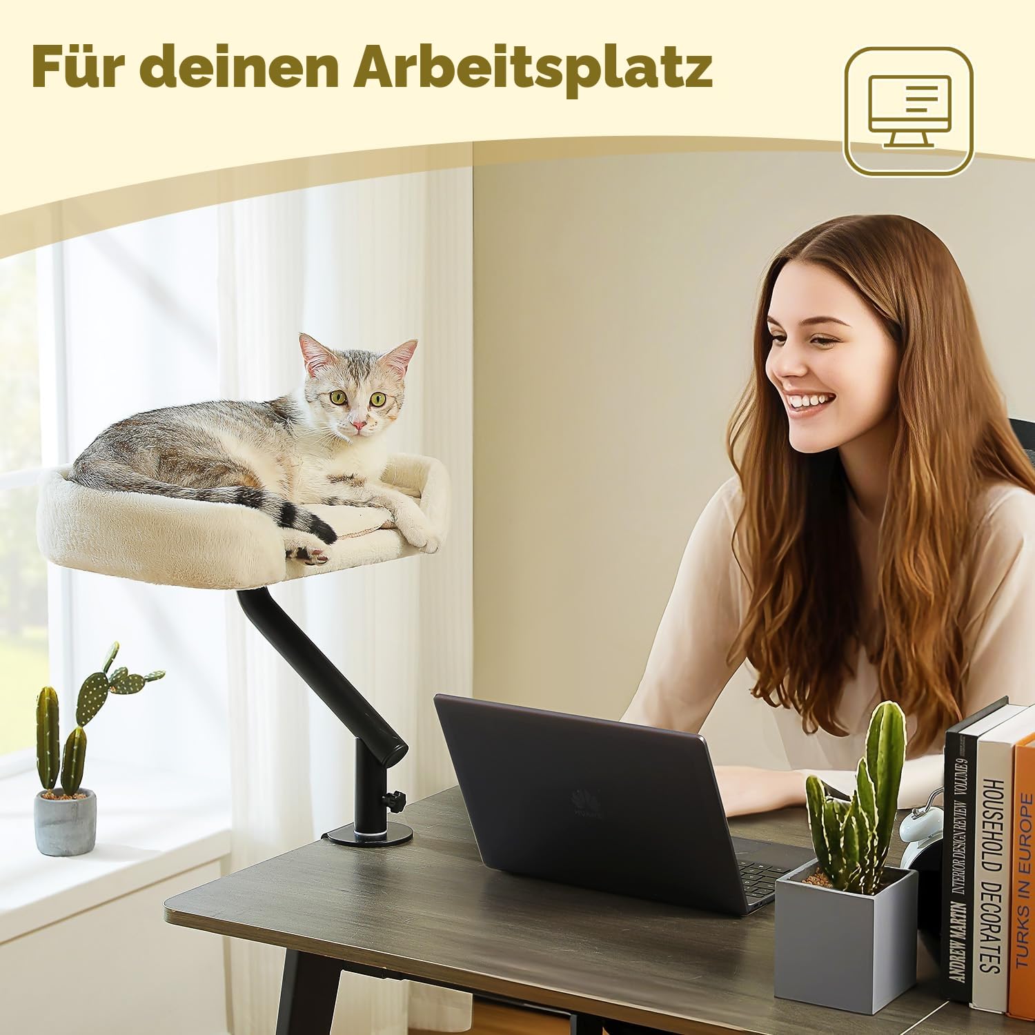 PAWZ Road Katzenbett für Schreibtisch mit interaktivem Plüschball, Katzenkorb, 360° drehbar Katzenbettständer, Katzen Hängematte für Kratzen, Katzenbett, unterstützt bis zu 22.5kg