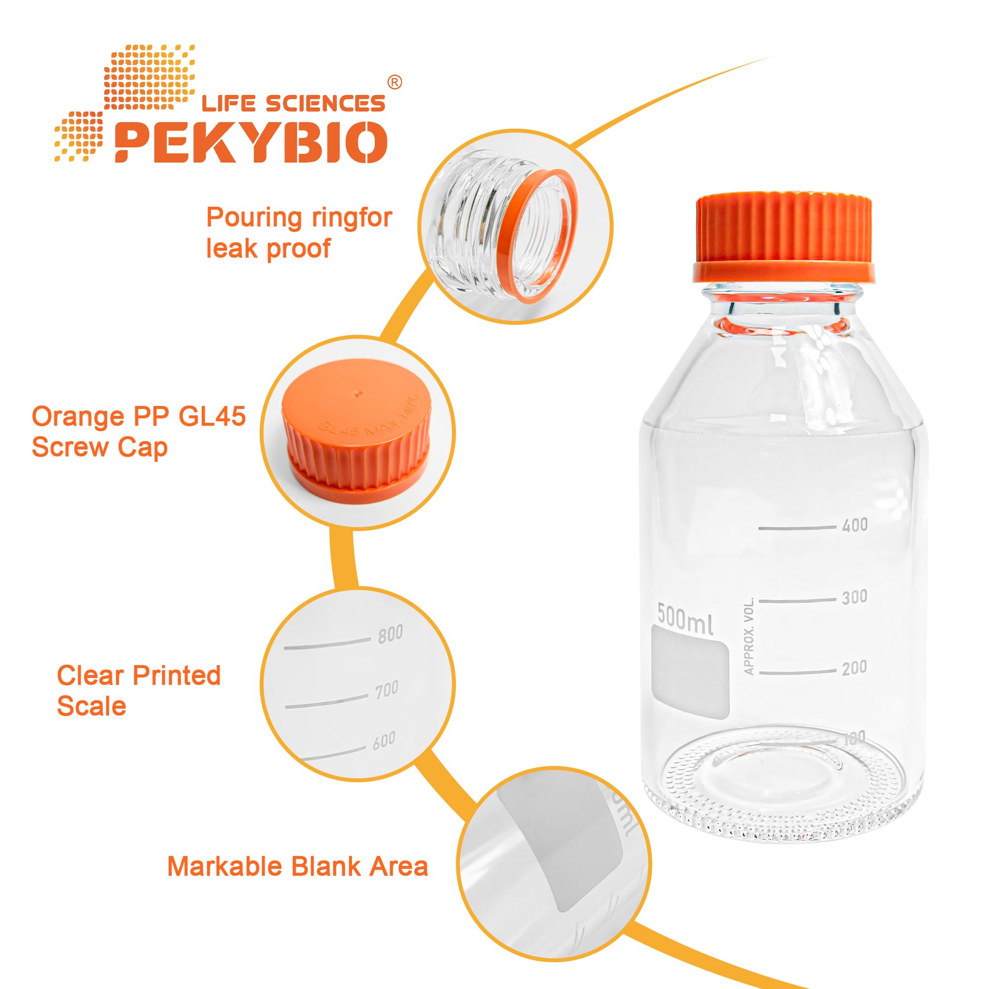 PEKYBIO Botellas redondas de vidrio de 500 ml, botellas de almacenamiento 3.3 de vidrio de borosilicato con tapón de rosca PP GL45 (paquete de 2)