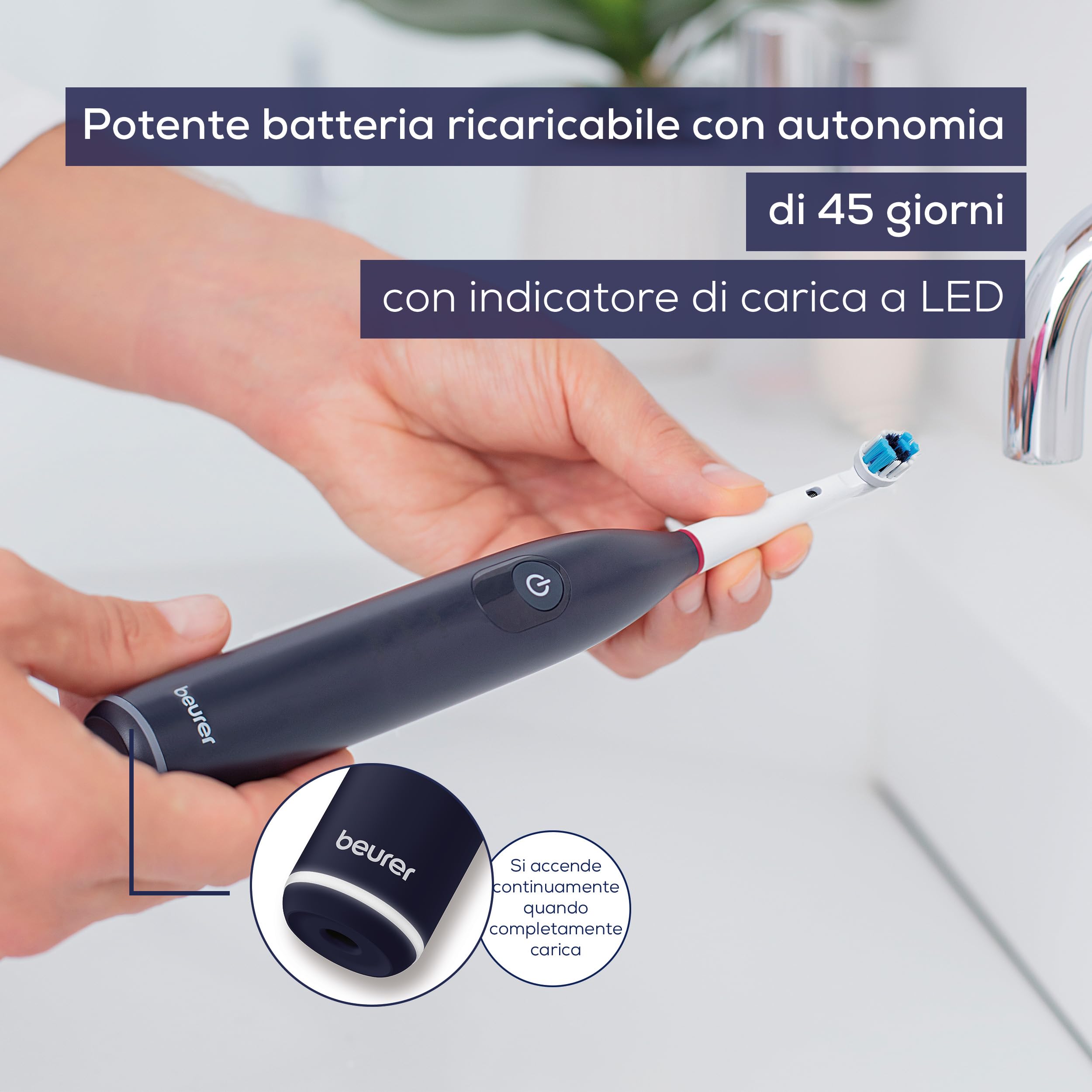 Beurer TB 50 Spazzolino Elettrico con Sensore di Pressione, 3 Programmi Clean, Sensitive e White e Timer Integrato da 2 Minuti per Una Pulizia Corretta Batteria Ricaricabile, Autonomia di 45 Giorni