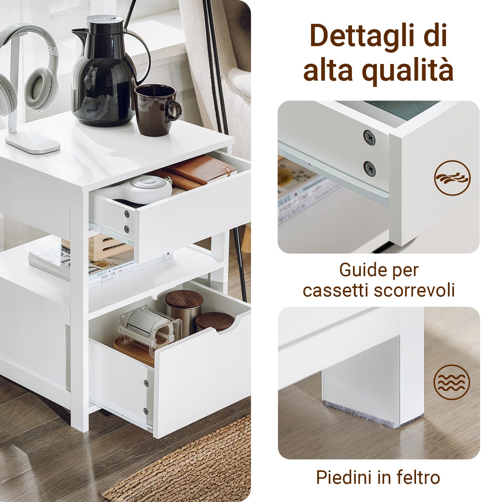SoBuy Comodino Camera da Letto - Comodino con 2 Cassetti e 1 Ripiano, Tavolino Salotto - Moderna Cassettiera L45 x P38 x A55 cm Bianco FRG258-W