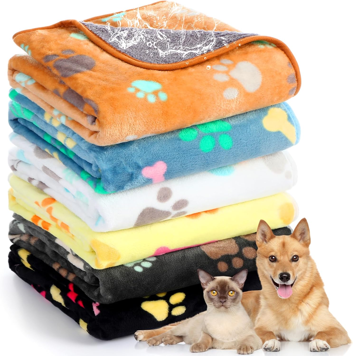 Tegeme 6 Pcs Waterproof Dog Blanket 41 x 30 Inch Paw Print Pet Blanket for Dogs Cats Puppy Washable Soft Fluffy Fleece Rug Flannel Throw Warm Sleep Mat for Kitten Doggy