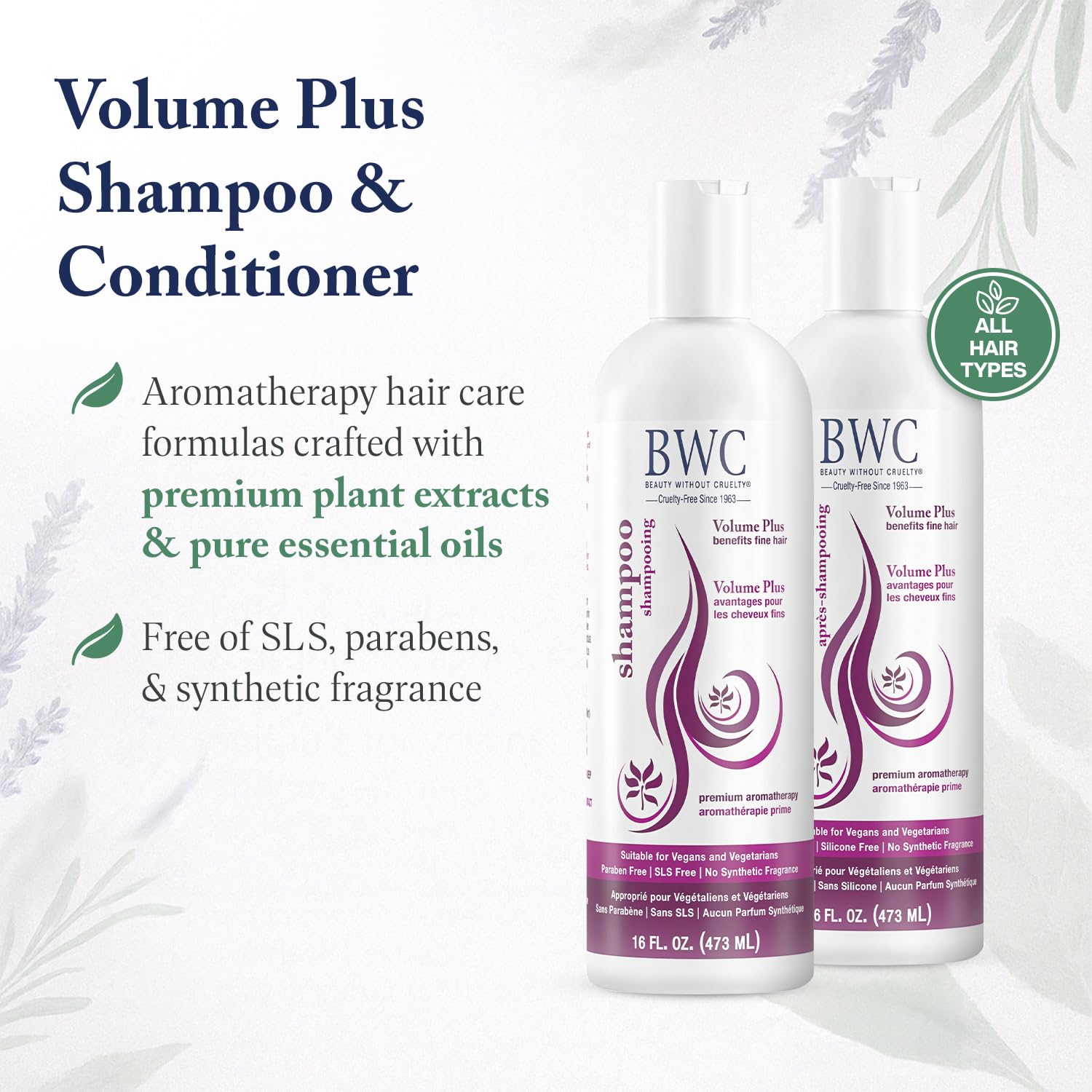 Beauty Without Cruelty Shampoo and Conditioner Set, Volume Plus – Aromatherapy for Fine Hair Care, Vegan-Friendly & Cruelty-Free, 16 Oz Ea