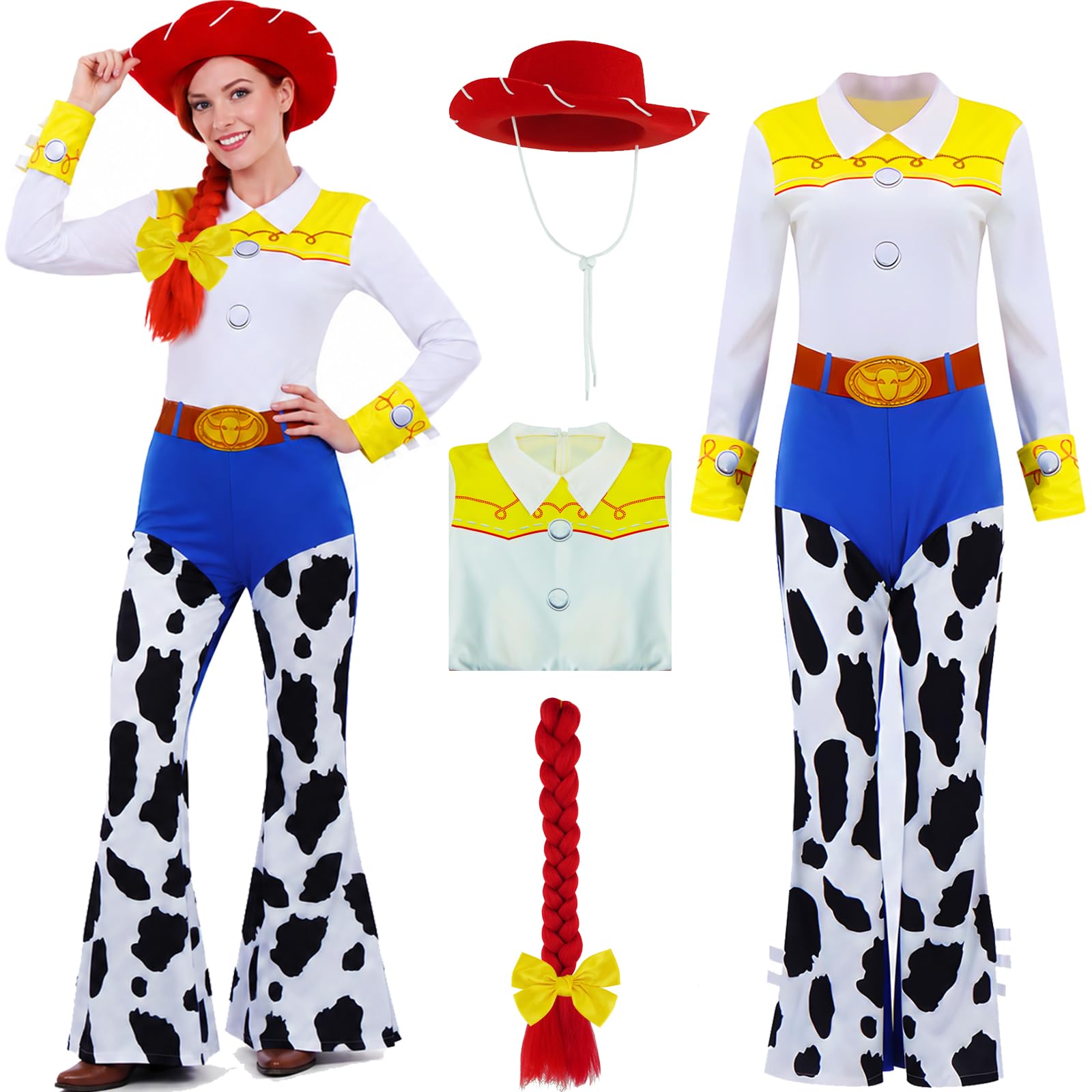AYYOHON Jessie Costume Women Cowgirl Jumpsuit Hat Wig Braid Bowknot Adult Halloween Cosplay Bodysuit Onesie Western Outfits L