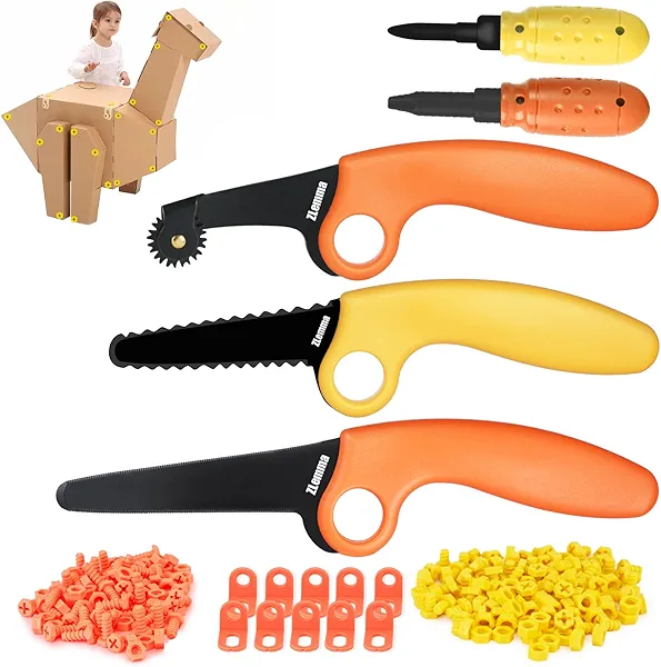 ZLemma Cardboard Construction Kit - 425 PCS Kids Building Set with Safe Serrated Cutter, Crease Roller, Screws & Nuts, STEM Upcycled Tool for DIY Cardboard Projects, Engineering & Creativity