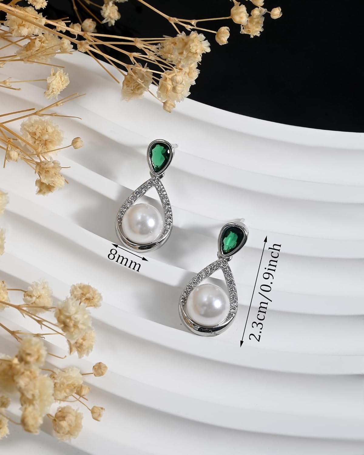 Small Silver Teardrop Pearl Earrings for Women with Green Cubic Zirconia Elegant Stud Earrings for Emerald and Pearl Jewelry - Image 5
