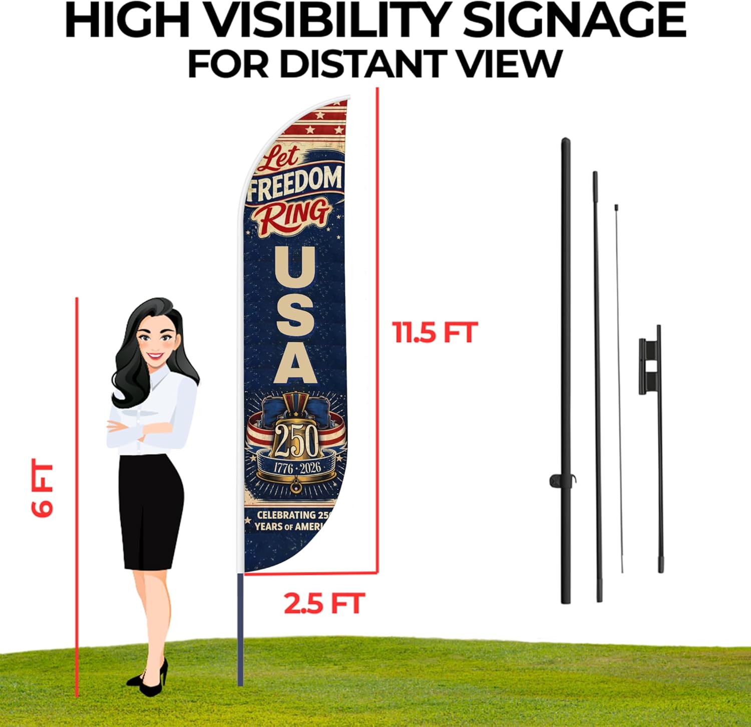 250th Anniversary of USA Independence Feather Flag By Dreamcontroller for Business Outside with Add-On Pole (15ft) & Groundspike| Custom Swooper Flag | HD Print | Made In USA | 11.5x2.5ft