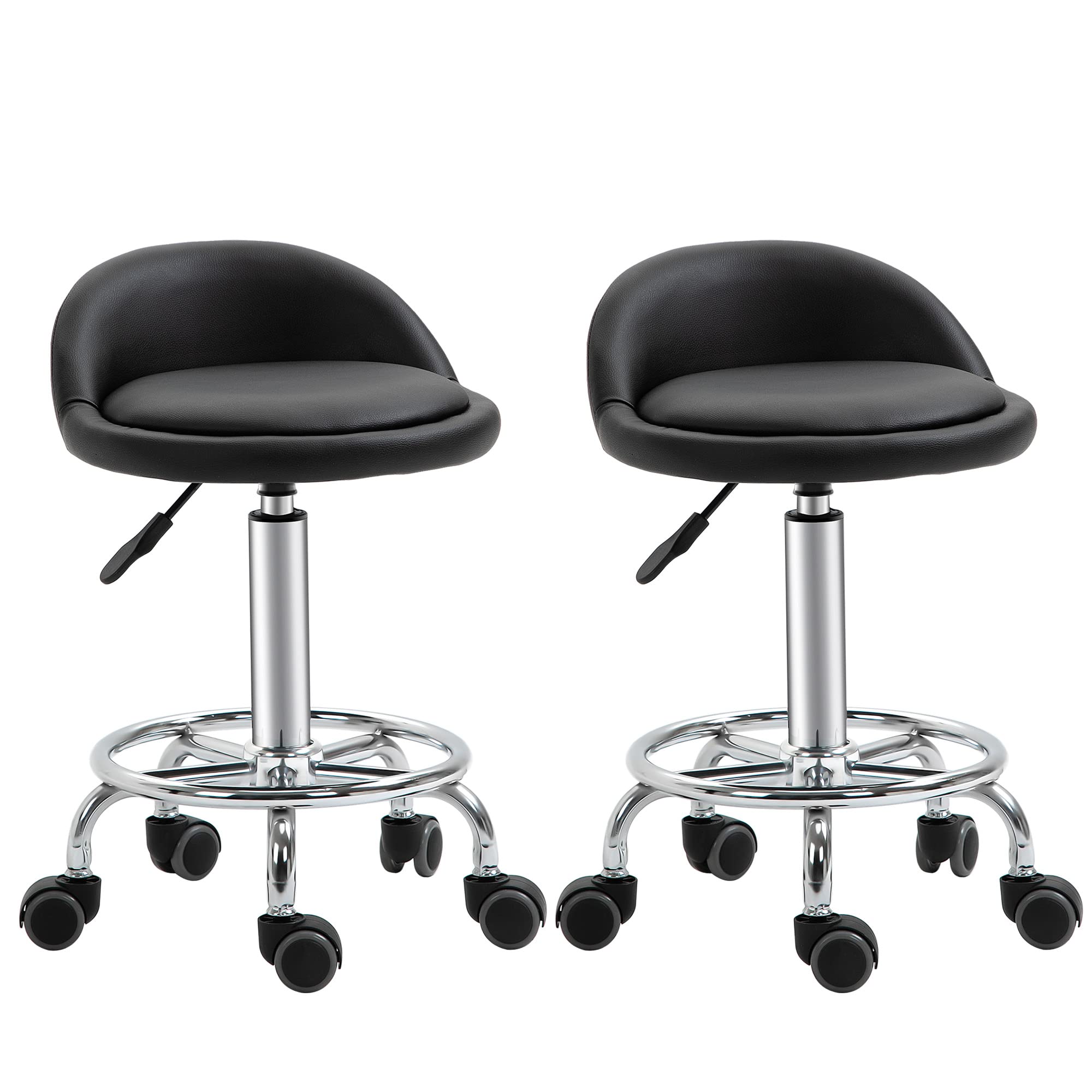 HOMCOM Lot de 2 tabourets à Roulette pivotants 360°, Dossier, Noir | Assise réglable 47-62H cm, revêtement synthétique, acier chromé