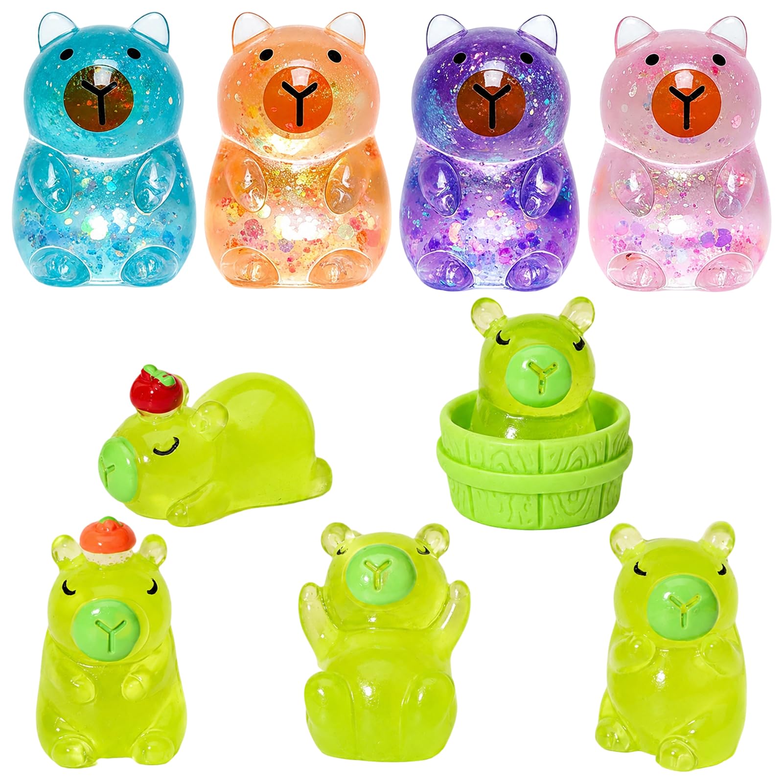 JBLJDWD 2Pcs Capybara Squishy with 5 Small Resin Figurines, Fidgets Squishy Collection for Desk Decor Gift Set
