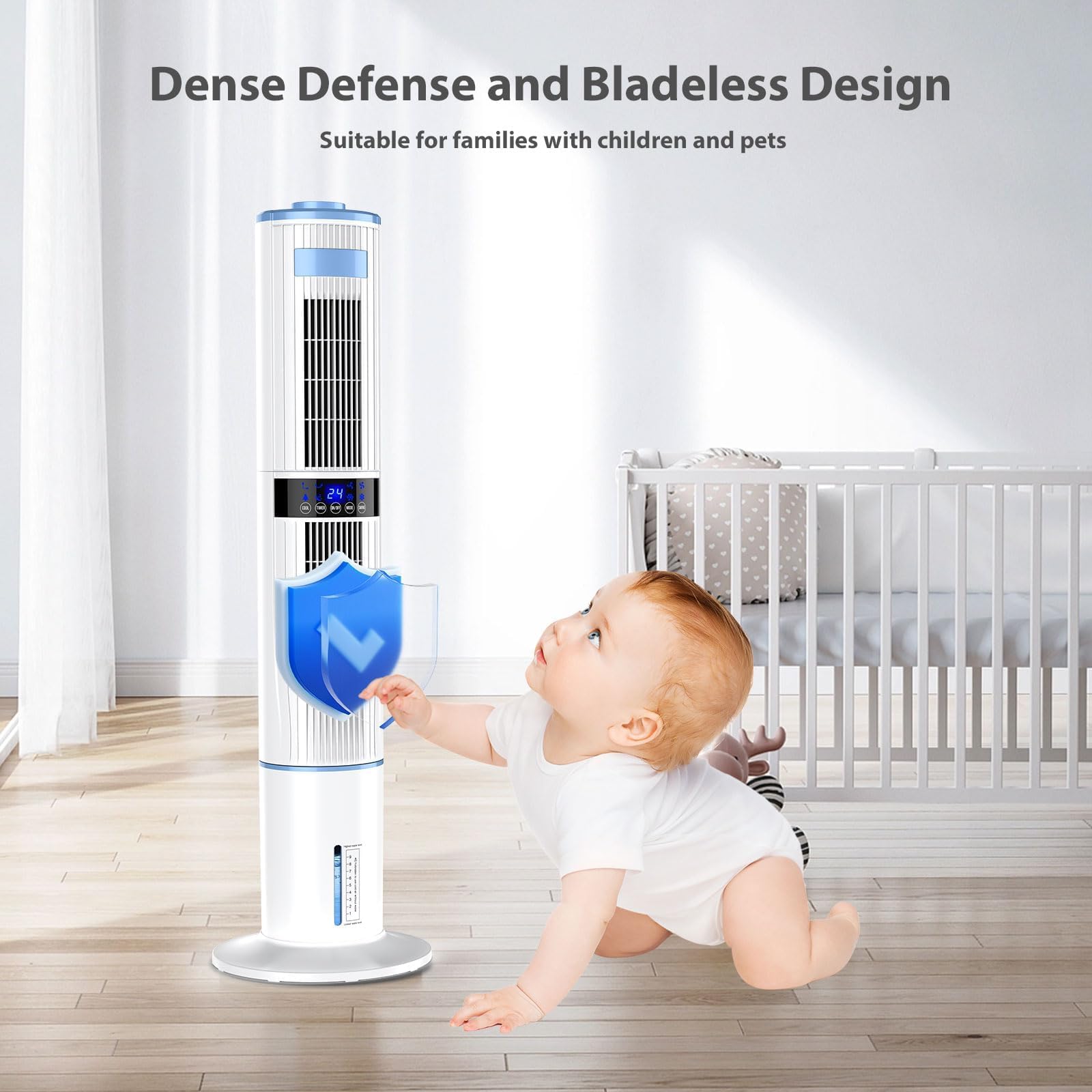Climatiseur Mobile Silencieux Portable Rafraîchisseur d'air 360° Oscillation, Sortie d'air Double, 24H Minuteries, 65W, 4 Modes et 3 Vitesses avec Télécommande pour Chambre, Bureau, Cuisine
