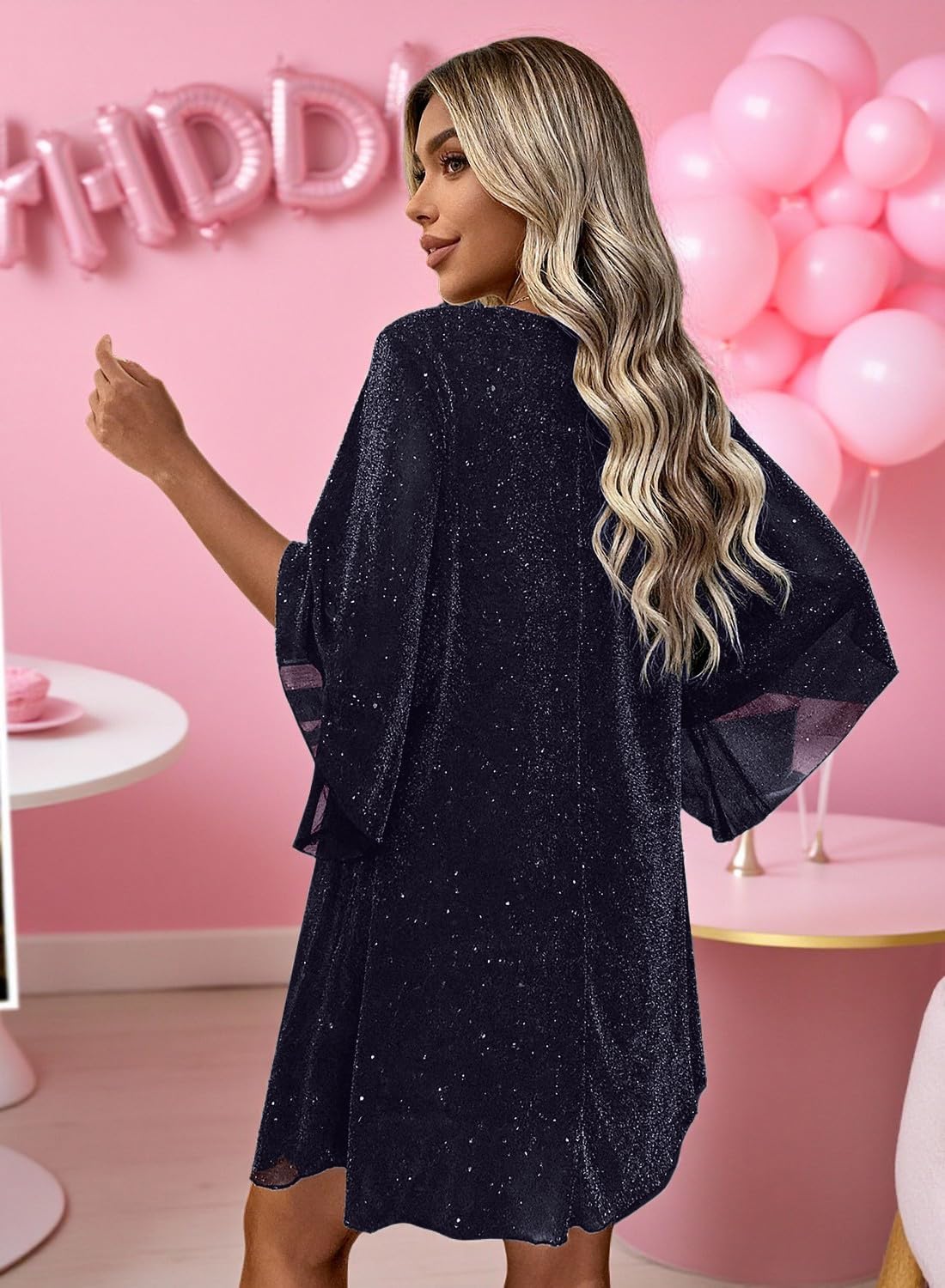 Women's Sparkly Cocktail Dresses for Wedding Guest Flutter Sleeve Loose Chiffon Party Dress (XS-XL) - Image 5