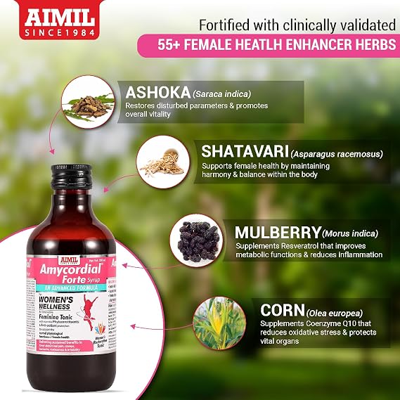 AIMIL Amycordial Forte Syrup - 200ml | Women Wellness | Feminine Tonic | Enriched with Antioxidants | Ashoka, Lodhra, Shatavari