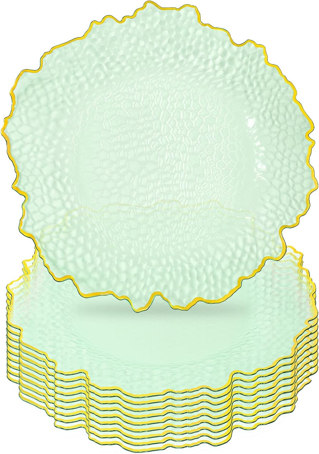 100 Pcs Clear Charger Plates 13 Inch Hammered Blue Plastic Charger Plates with Gold Rim, Transparent Blue Chargers for Dinner Plate, Stone Texture Plate Round Chargers for Wedding Party, Event