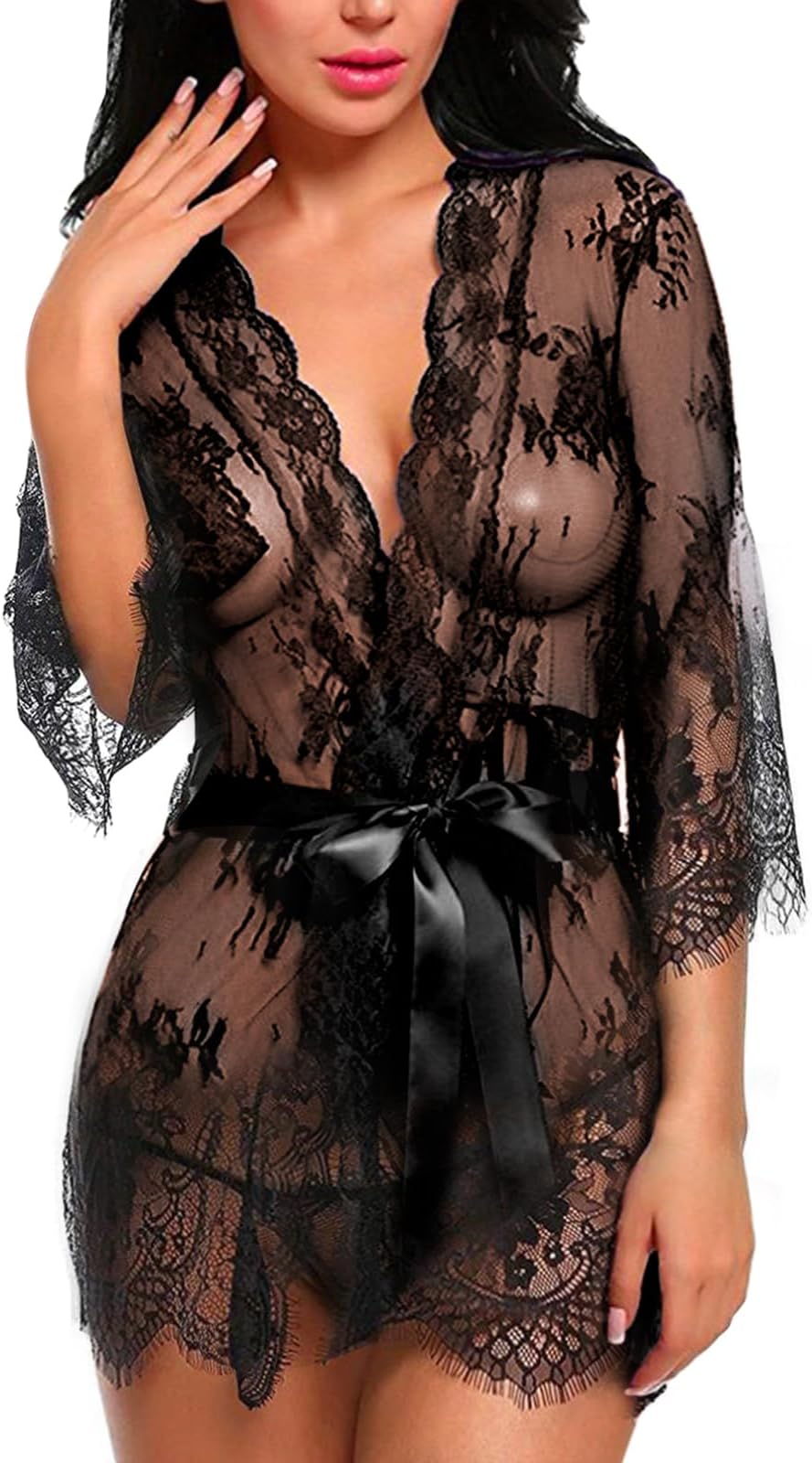 UMIPUBO Women Nightwear Sexy Sleepwear Lingerie Lace Nightwear Set Mesh Nightdress Transparent Kimono Chemise (UK: 6, Black)