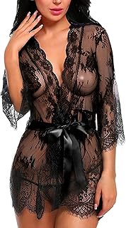 Femme Chemise de Nuit Sexy Dentelle Lingerie Pyjama en Dentelle Transparente avec G-String Robes de Chambre Vêtements de Nuit Nuisette Peignoirs de Bain