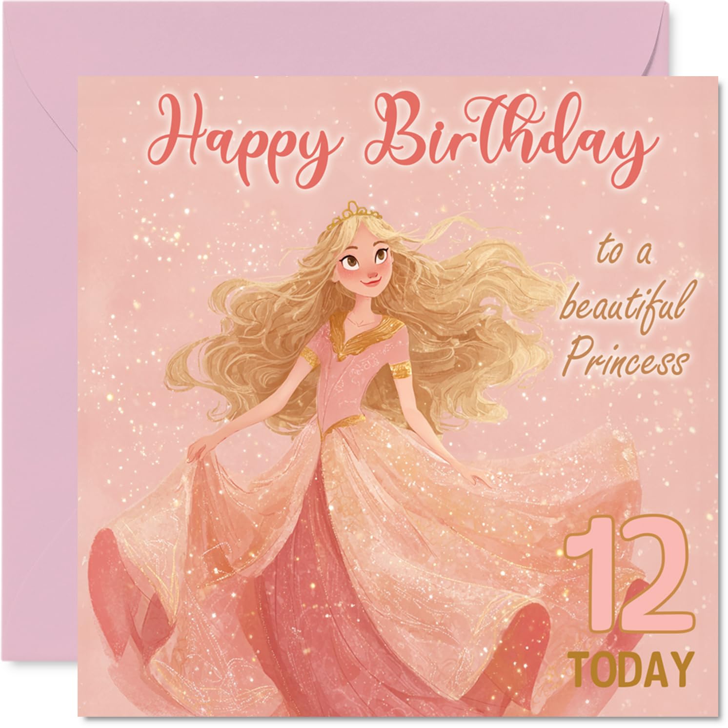 12th Birthday Cards for Girls - Princess in Pink - Happy Birthday Card for 12 Year Old Girl Daughter Niece Cousin Sister, 145mm Bday Greeting Cards