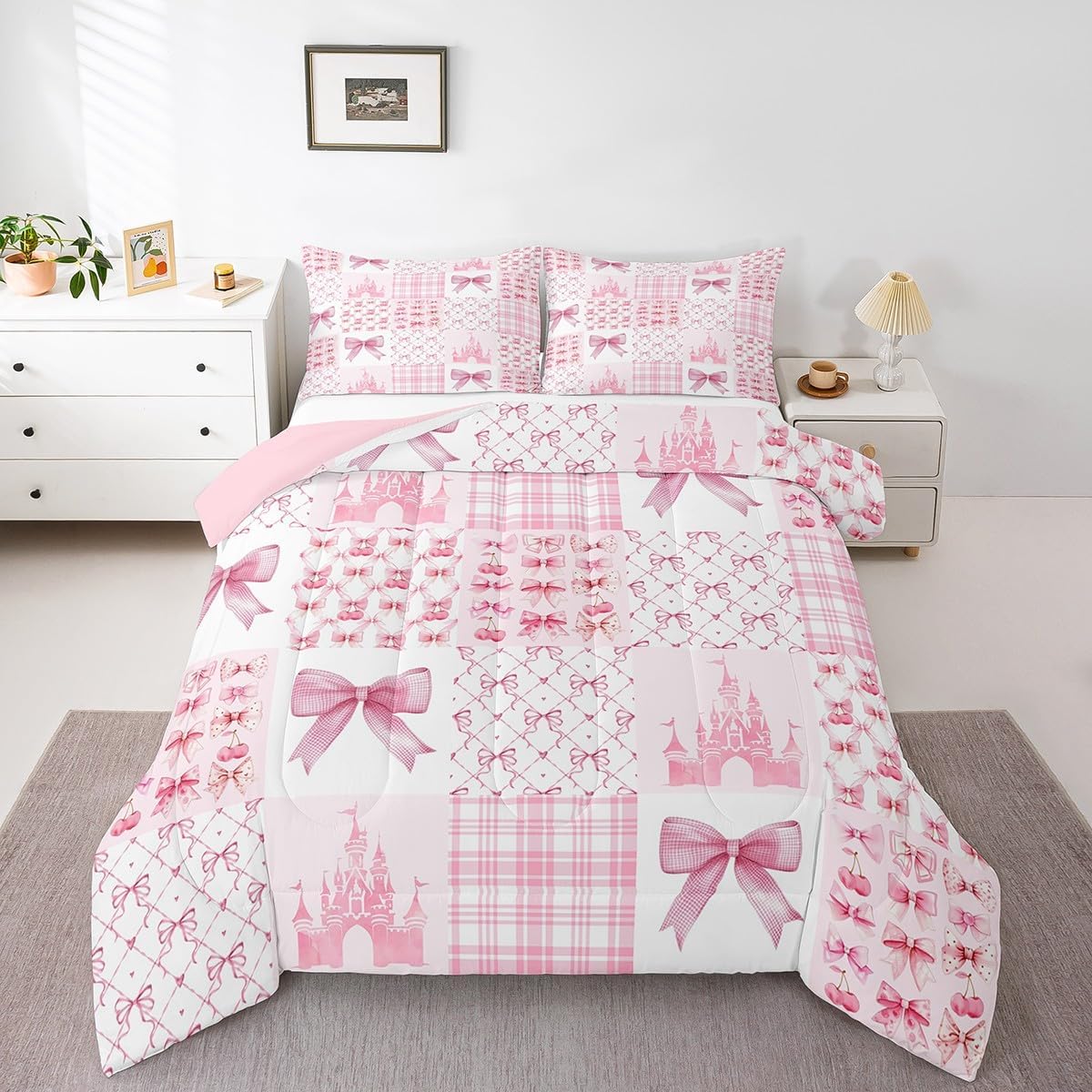 Pink Bowknot Kids Comforter Set Twin Size,Cherry Bow Tie Tale Princess Castle Bedding Set,Girls Women Room Decor,Geometric Plaids Grid Down Comforter,Aesthetics Unique Duvet Insert,1 Pillowcase