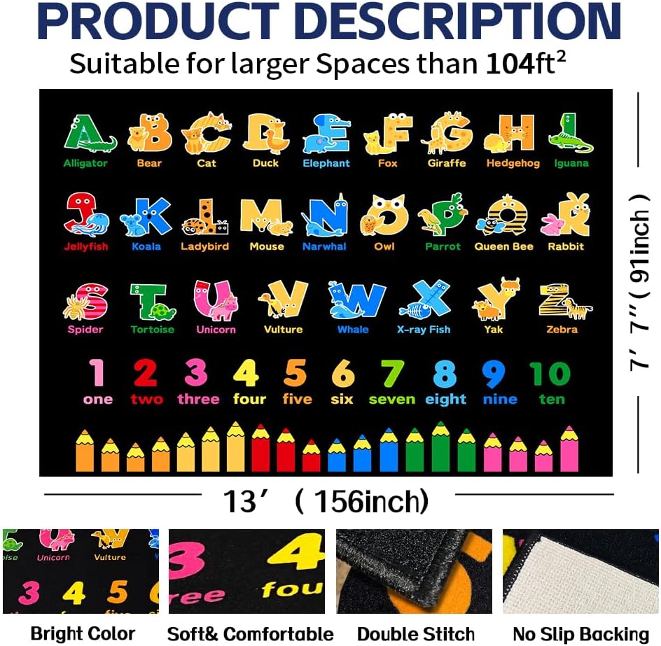 Large Classroom Rug 13x7.5ft, Alphabet Classroom Rugs Elementary,Daycare Rug with Colorful Crayon Number, Preschool Rugs for Kindergarten Educational