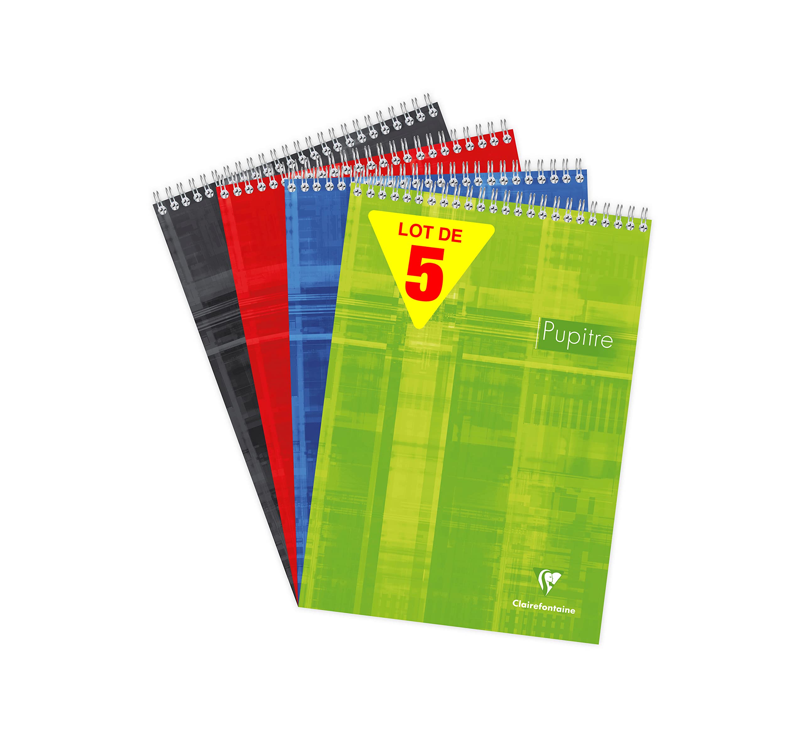 Clairefontaine 8150C Lot de 5 Blocs Pupitre à Spirale en-Tête - A4 21x29,7 cm - 160 Pages Détachables Unies Blanches - Papier Blanc 90 g - Couverture Carte Pelliculée - Couleurs Aléatoires