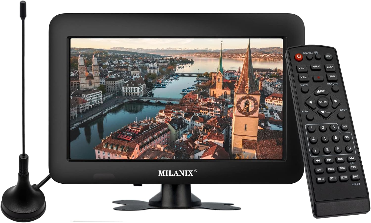 Milanix 8" Portable Widescreen LED TV Rechargeable Battery Operated with HDMI, VGA, MMC, FM, USB/SD Card Slot, Built in Digital Tuner, AV Inputs, and Remote Control