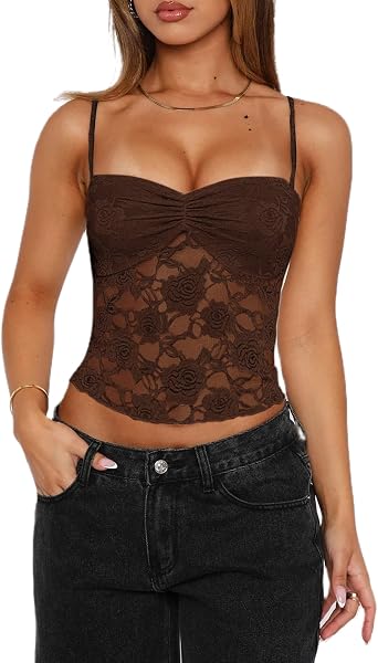 Acrawnni Women's Y2K Lace Cami Tops Sleeveless Spaghetti Strap Sexy Mesh See Through Crop Camisole Backless Bustier Going Out Tops