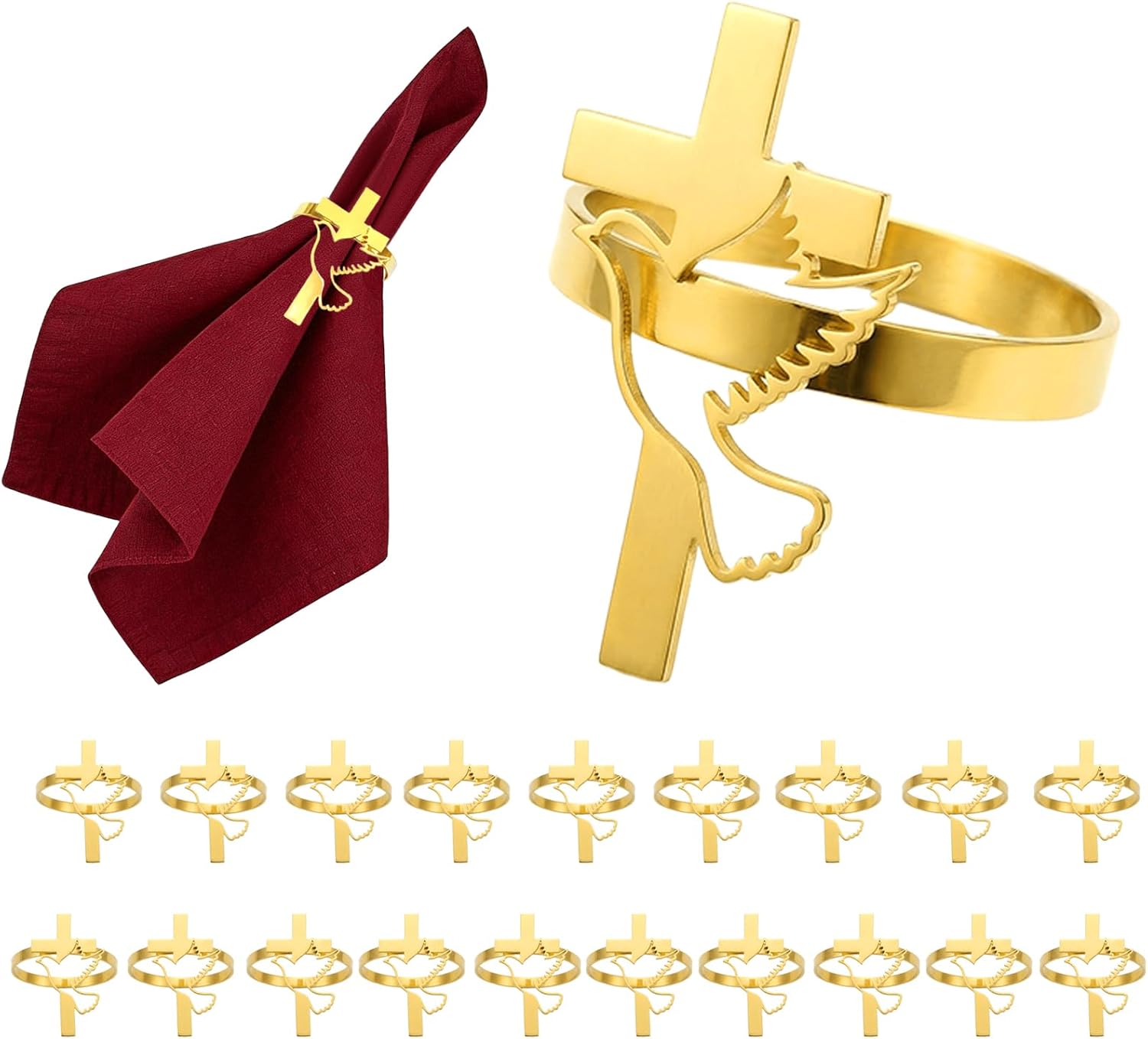 Easter Dove Cross Napkin Rings Set of 20 Western Religious Napkin Holders for Easter Party Decor,Gold Christian Napkin Ring for Baptism Church Wedding Holiday Gatherings Dining Table Setting
