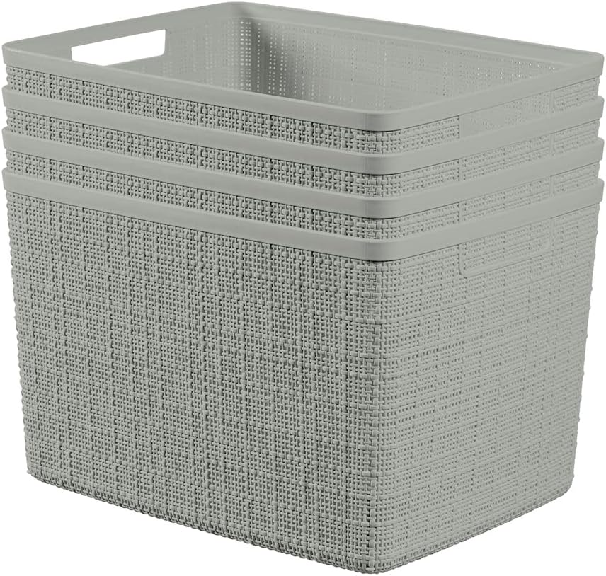 Curver Set of 4 Jute Large Decorative Plastic Organization and Storage Baskets, Perfect Bins for Home Office, Closet Shelves, Kitchen Pantry and All Bedroom Essentials, Grey