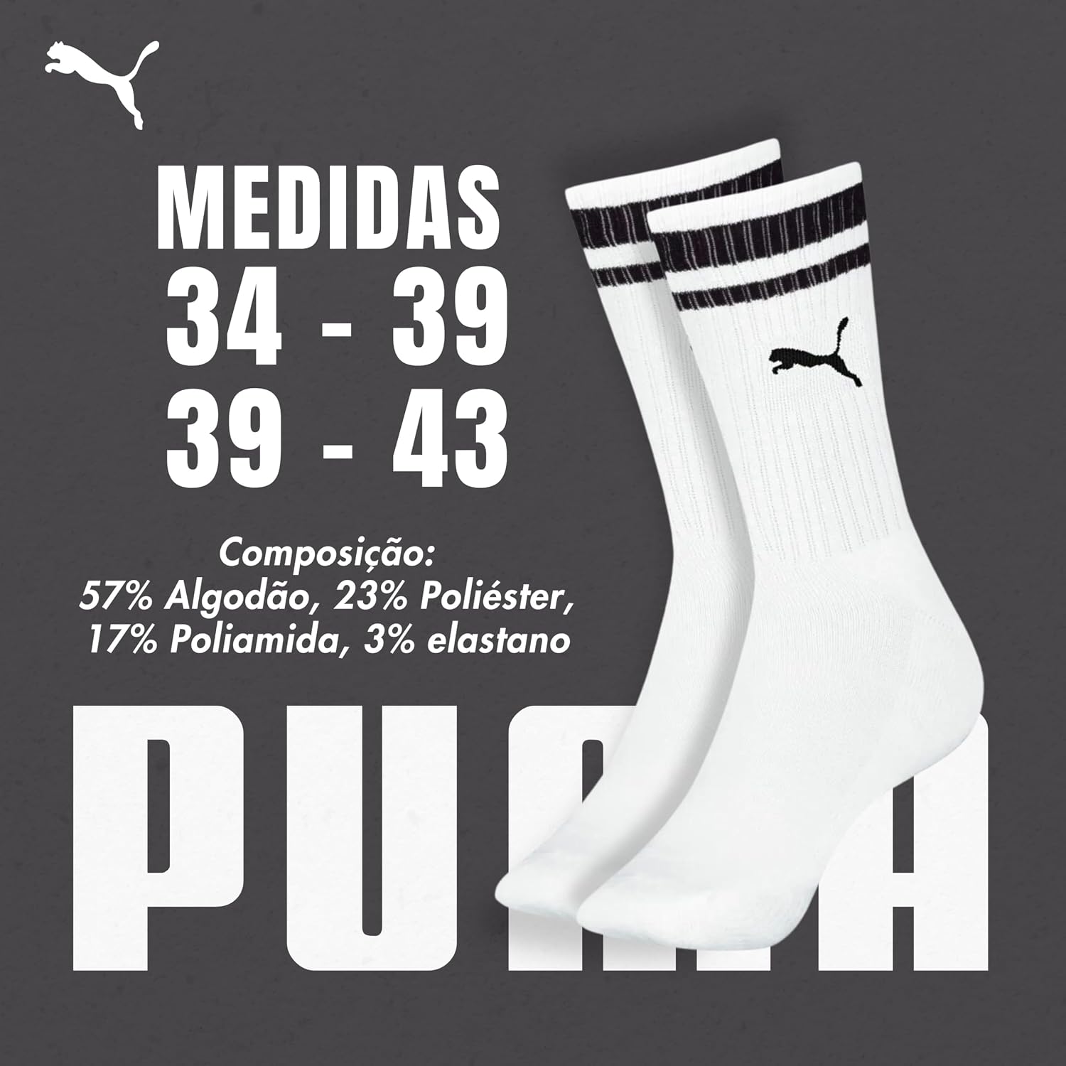 Kit 3 Pares Meia Cano Alto Puma Longo Esportiva Sola Atoalhada Algodão Masculino