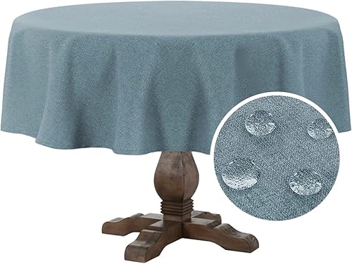 FantasDecor Mantel redondo con textura de lino, impermeable, a prueba de derrames, sin arrugas, para comedor y uso al aire libre, color azul piedra