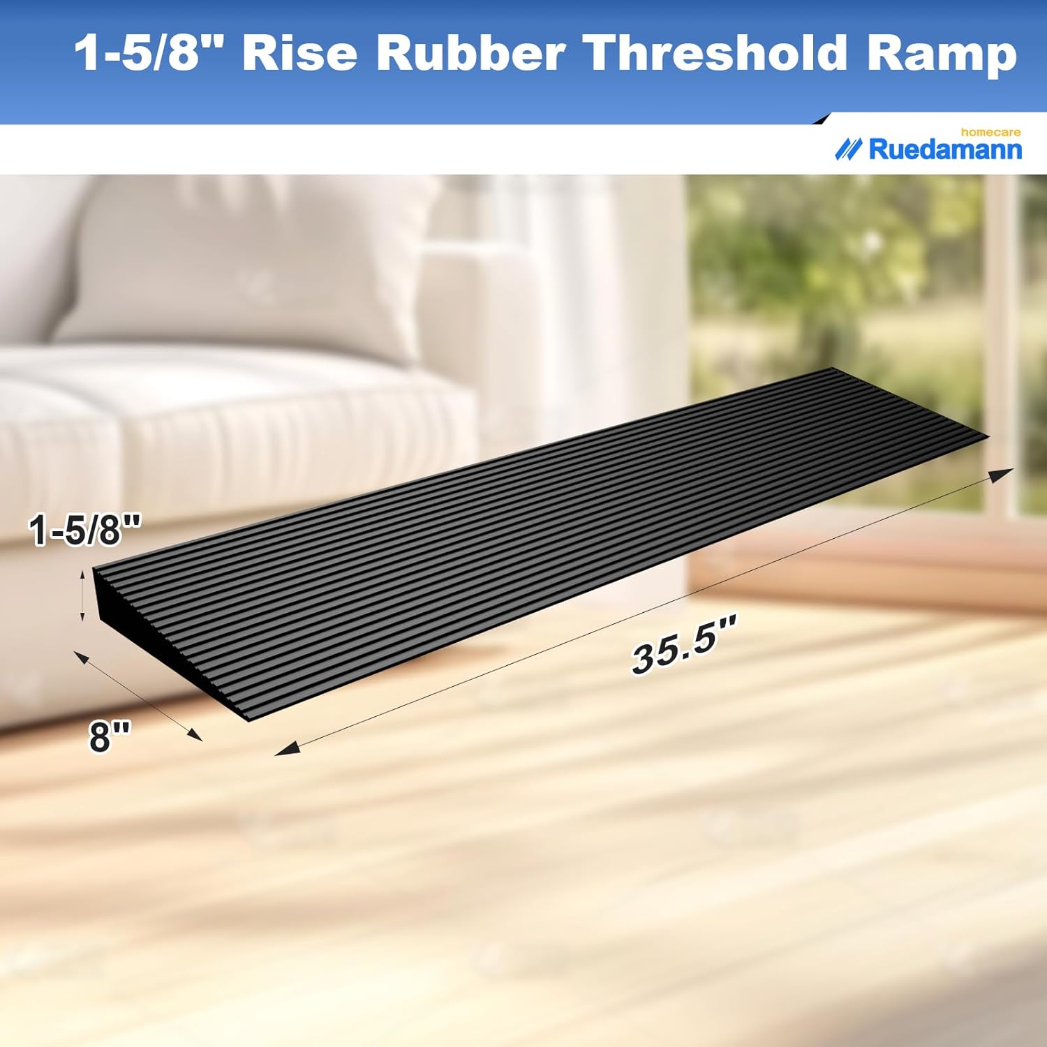 Ruedamann 1.6" Rise Rubber Threshold Ramp, Non-Slip Threshold Ramp for Doorways, Front Door Ramps for Walkers, Adjustable and Cuttable for Doorways,Curb, Scooters, Driveways, Steps, Stairs