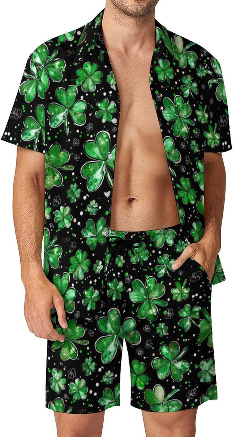 Green Ireland Shamrock St Patricks Day Men's Summer Beach Outfits Shirt And Shorts Set 2 Piece Vacation Swimwear
