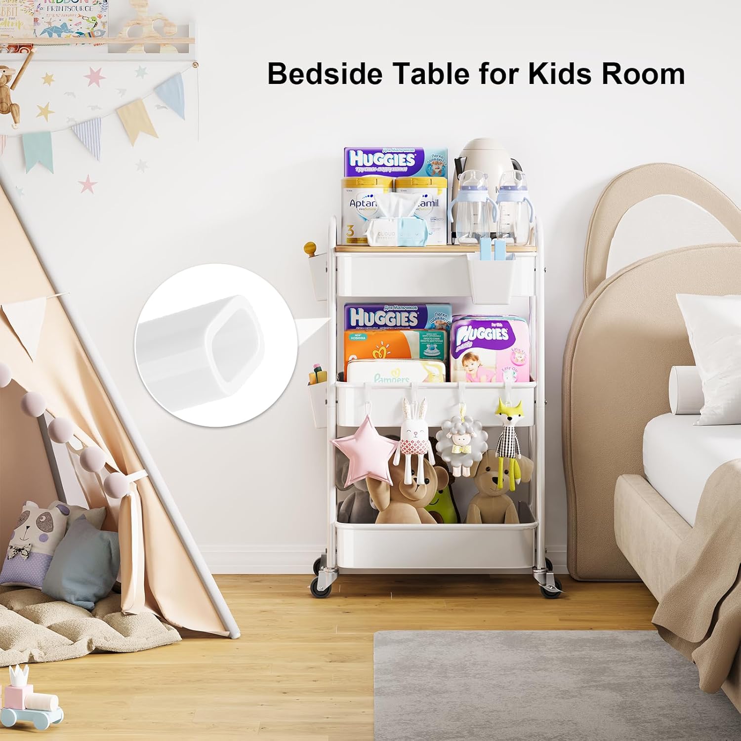 3 Tier Rolling Cart Metal with Wheels and Bamboo Table Top, Art Cart Organizer on Wheels, White Three Tiered Storage Utility Carts for Craft, Baby, Diaper Caddy,Coffee,Kitchen,Cleaning,Office Supplies