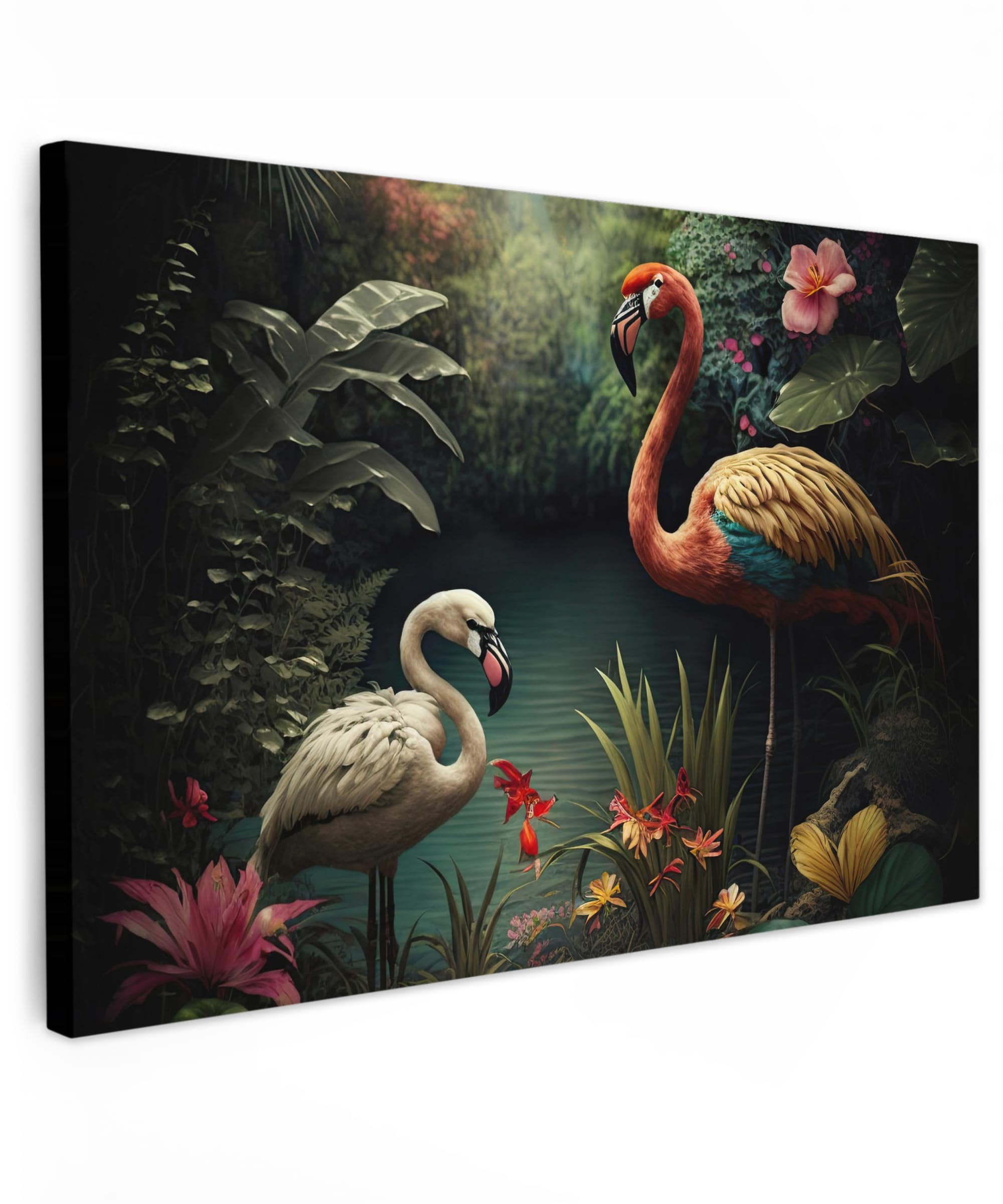 MuchoWow© Cuadros Salon Modernos 120x80 cm Adornos Pared Decorativos Dormitorio Lienzo Pinturas Quadro Decoración Flamenco - Flores - Selva - Pájaros - Naturaleza