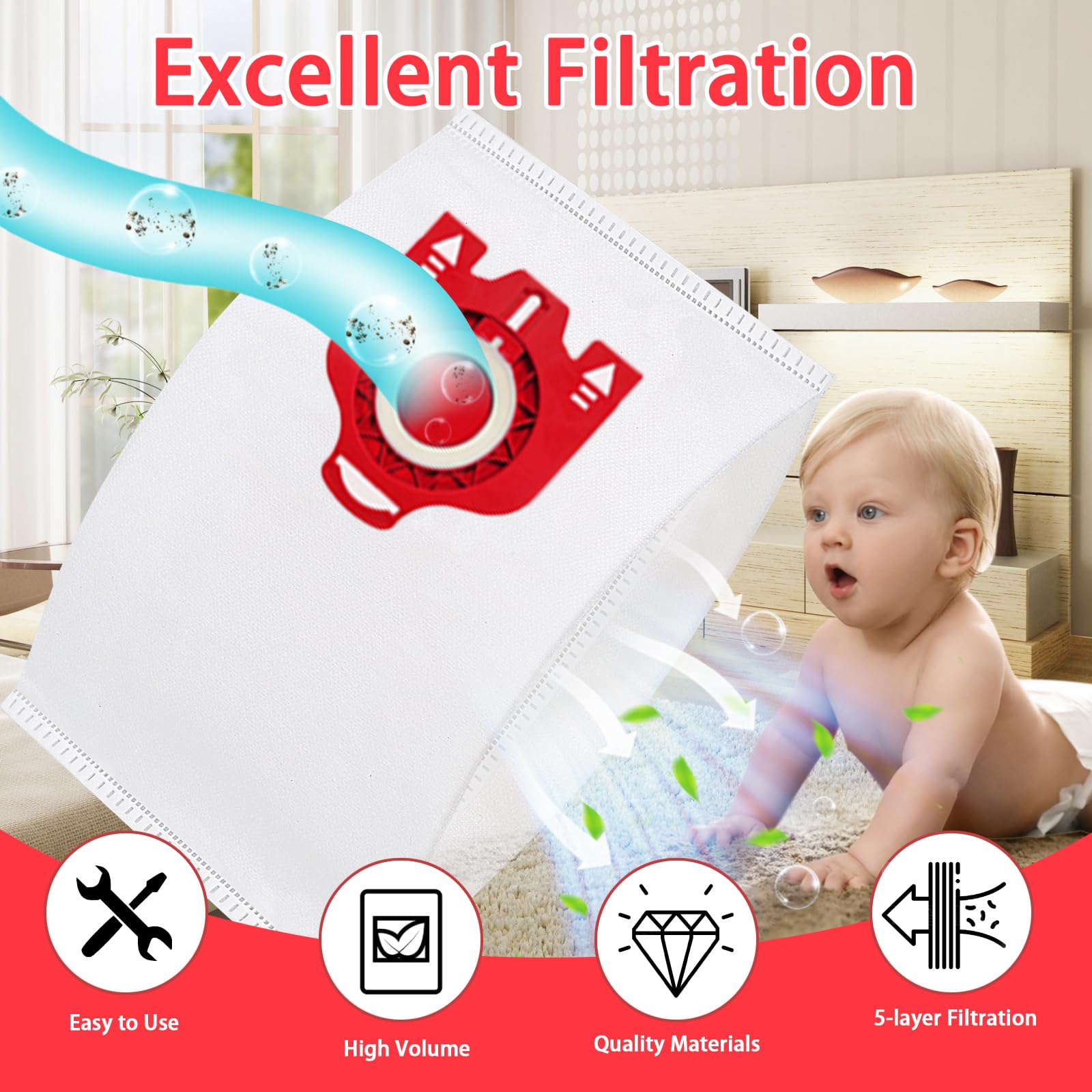 McFilter | 16 sacs à poussière compatibles avec l'aspirateur Miele Electronic 2100/2200 / 2210 | Sacs à poussière avec 8 filtres | MAXI BOX