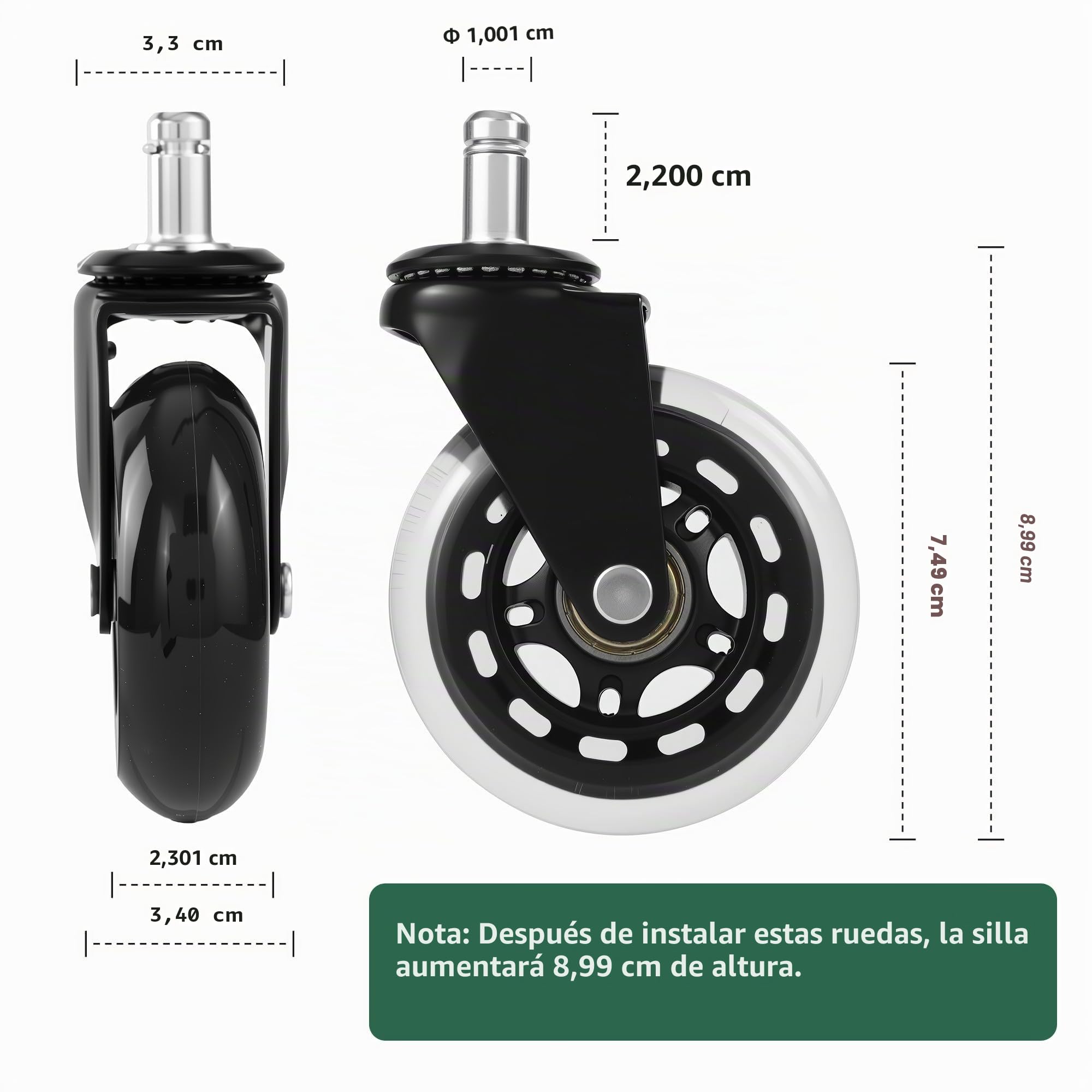 5 piezas Ruedas Silla Oficina, Ruedas para sillas oficina 11 mm x 22 mm, MAX 300kg, Rotación suave y ultra silenciosa de 360 ​​grados, para Pisos duros, paneles, alfombra, laminado y azulejos