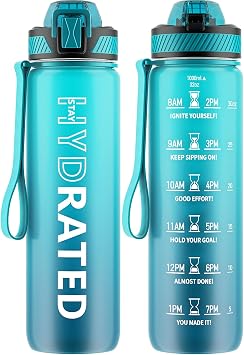 QLUR Water Bottle with Straw, 32oz Sports Water Bottles with Time Marker