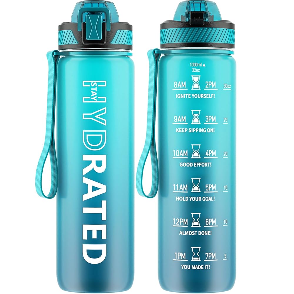 QLUR Water Bottle with Straw, 32oz Motivational Water Bottles with Time Marker to Drink, Tritan BPA Free, 1L Sports Water Bottle with Carry Strap LeakProof for Women Gym Fitness Outdoor (1 Pack)