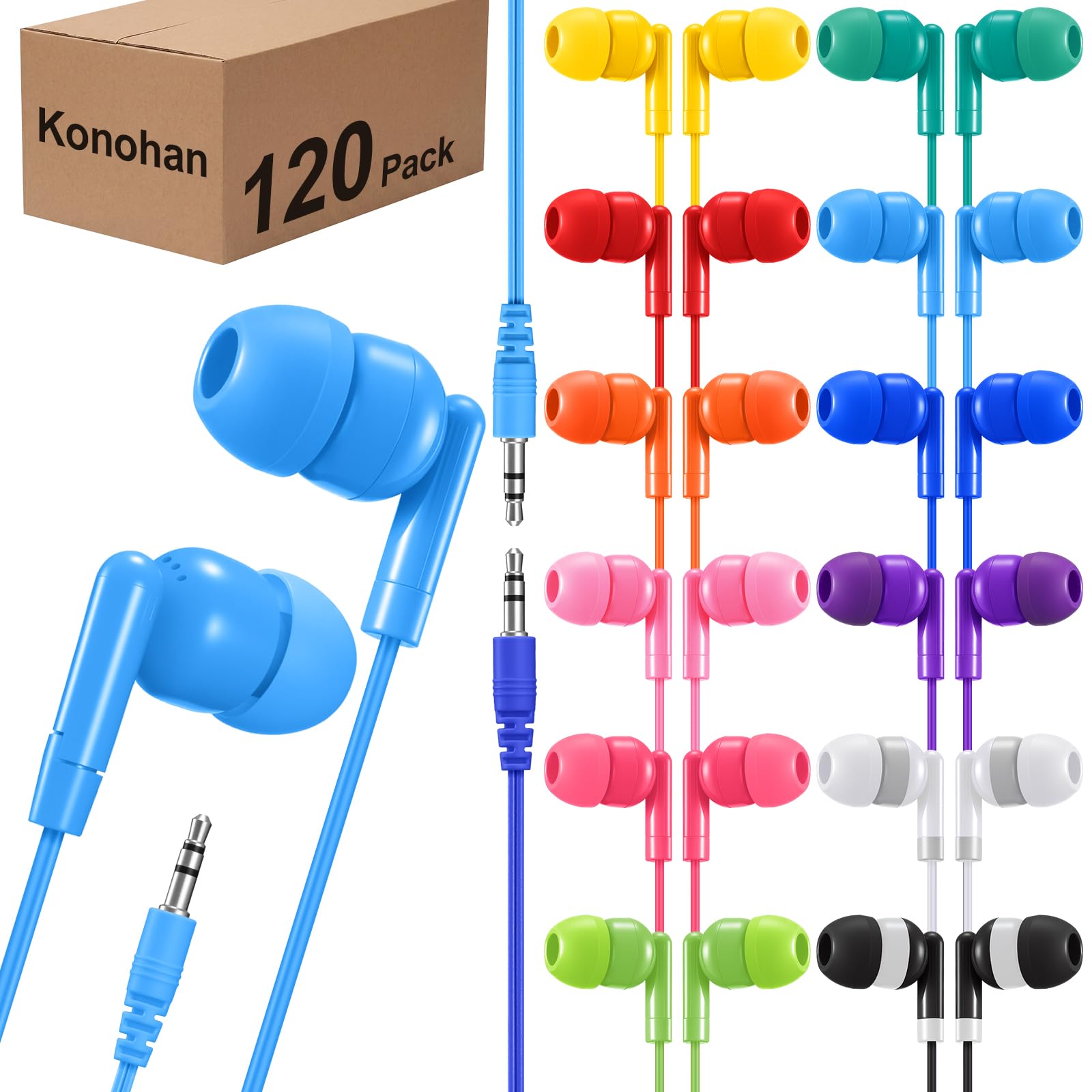 Konohan Confezione da 120 auricolari in-ear per studenti, con cavo con jack da 3,5 mm, per test in classe, scuola, laboratorio informatico, biblioteca, confezionati singolarmente, 12 colori assortiti