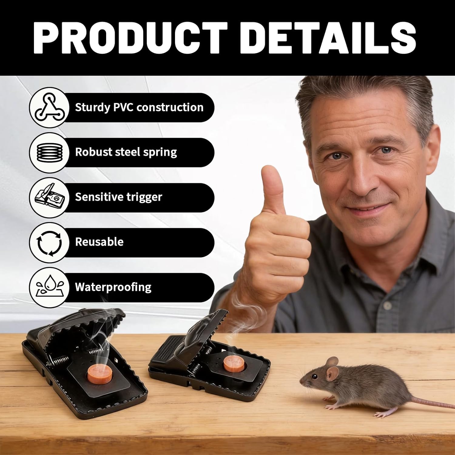 Mouse Traps 10 Pcs, Reusable Rat Traps with Detachable Bait Cup High Sensitivity PVC Snap Traps with Sharp Teeth for Fast Kill Indoor and Outdoor (5.5"x3.15"x2.95")