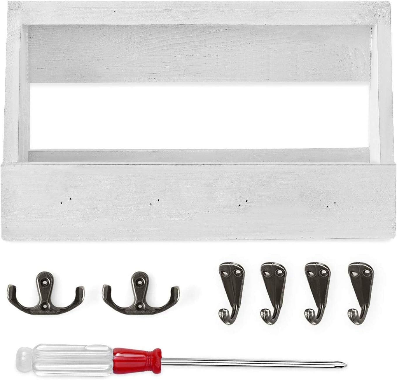 Oyydecor Wooden Wall Mount Mail Holder Organizer with 8 Hooks, Rustic Wall Décor for Entryway (White)