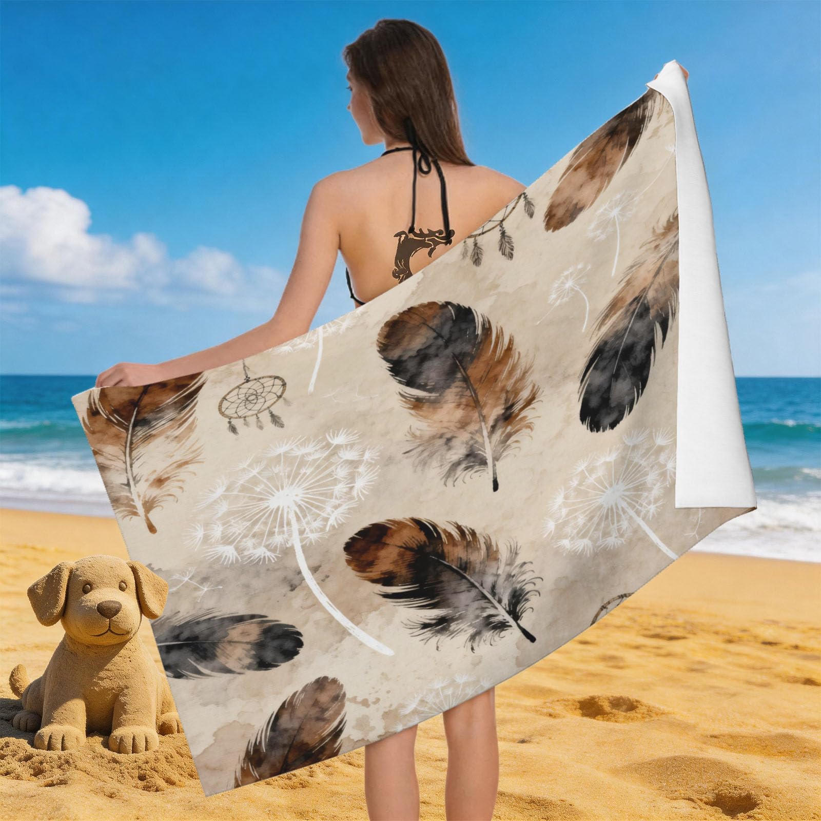 Leichong 3D Feather Print Beach Towel Microfiber Soft Quick Dry for Adults, Dandelion Bath Towel Lightweight Soft Absorbent for Travel Swimming Pool Sports, 75 x 150 cm
