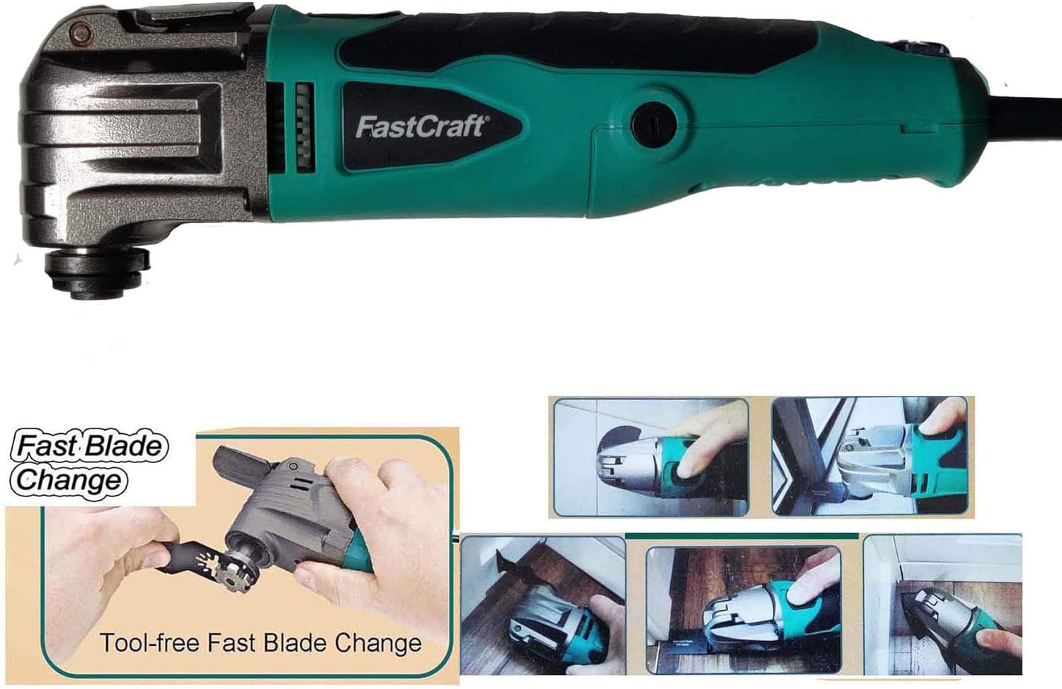 Oscillating Tool/Multi Tool - FastCrat PRO Model JD2545U-K Corded High End 5 Year Warranty 5.0A PEAK Rated 2.4A/Keyless/6 Speeds/Fast Carbon Brush Replacement/3-4 Angles Cut - BULK