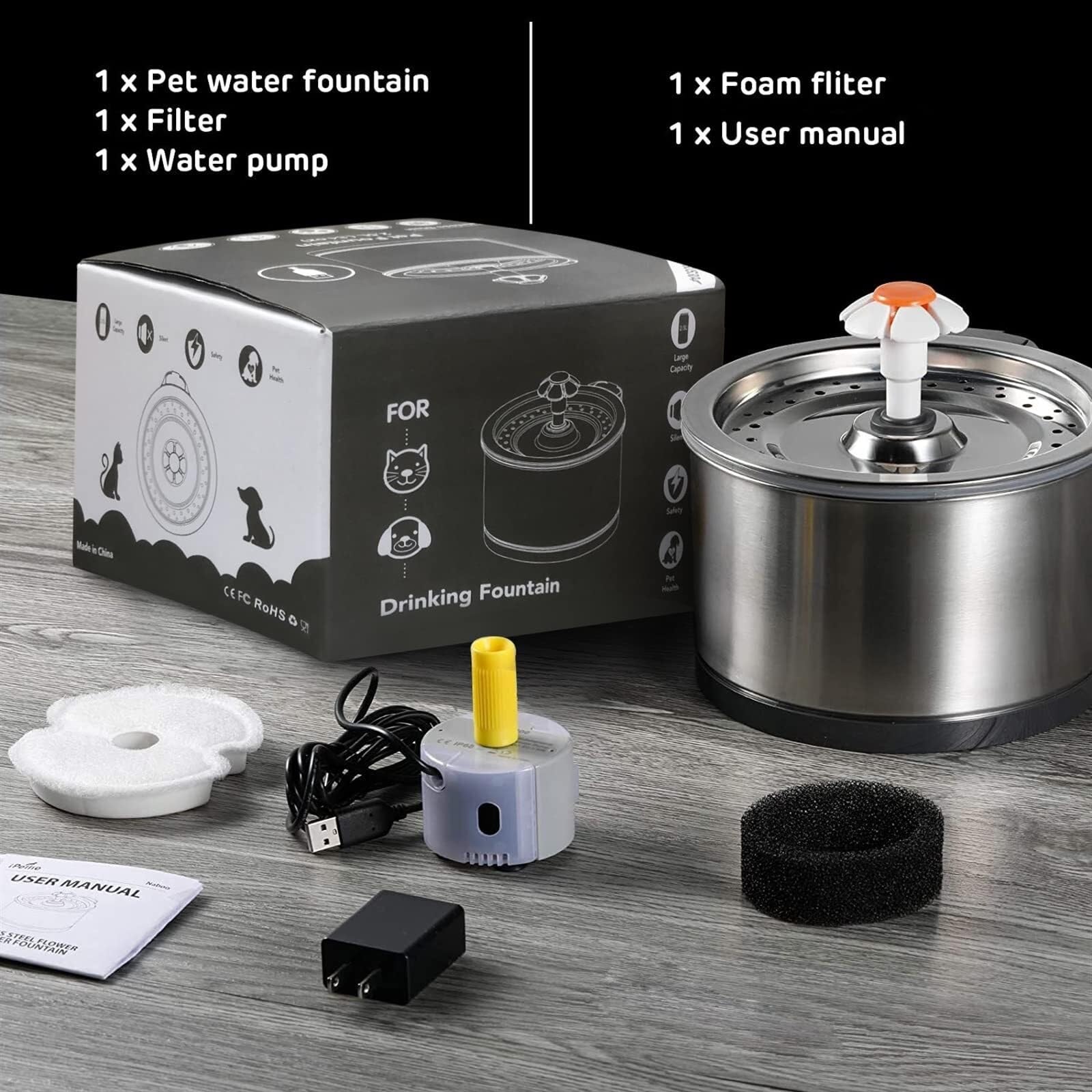 304 Stainless Steel Pet Water Fountain, Automatic Cat Water Dispenser with Silent Pump & Filtration - image 6